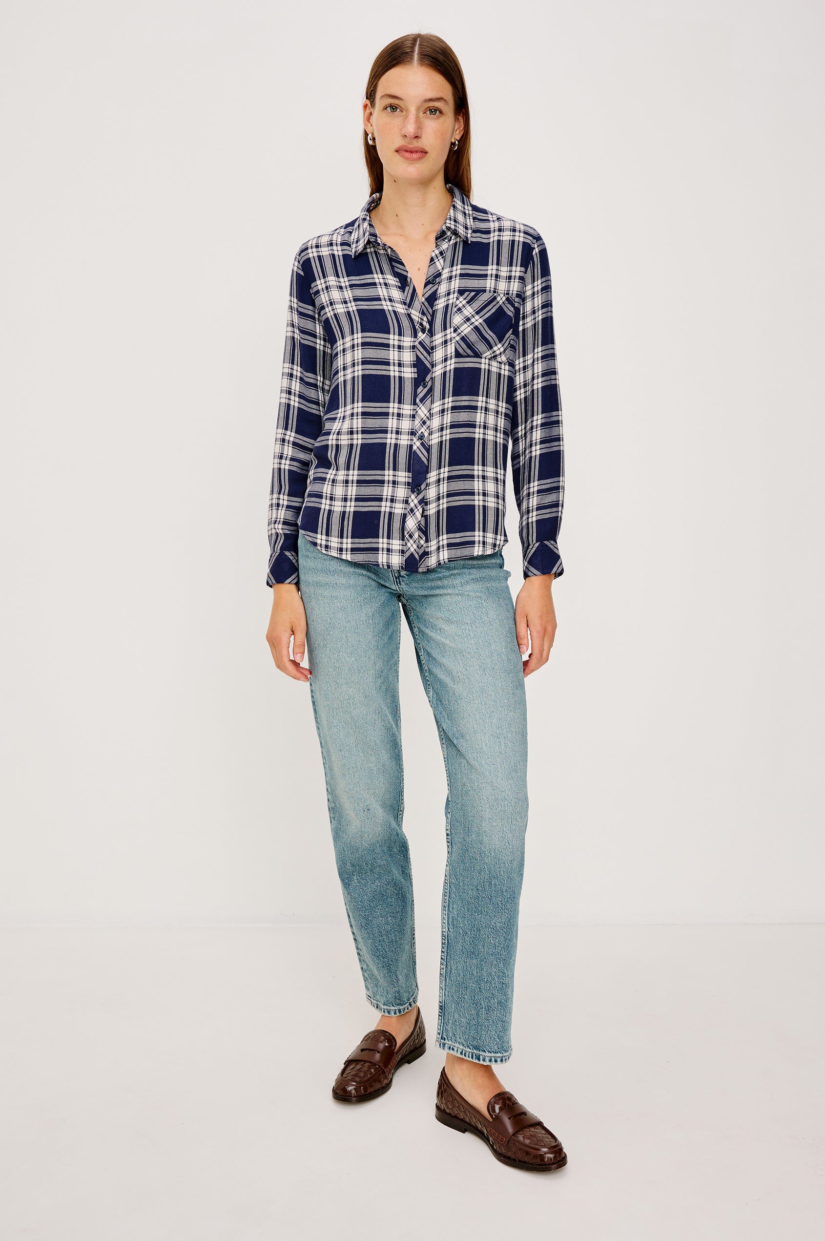 Hunter Long-Sleeve Button Up with a Chest Patch Pocket in Indigo Navy Colorway, plaid - Full Body Front View Featured on Model