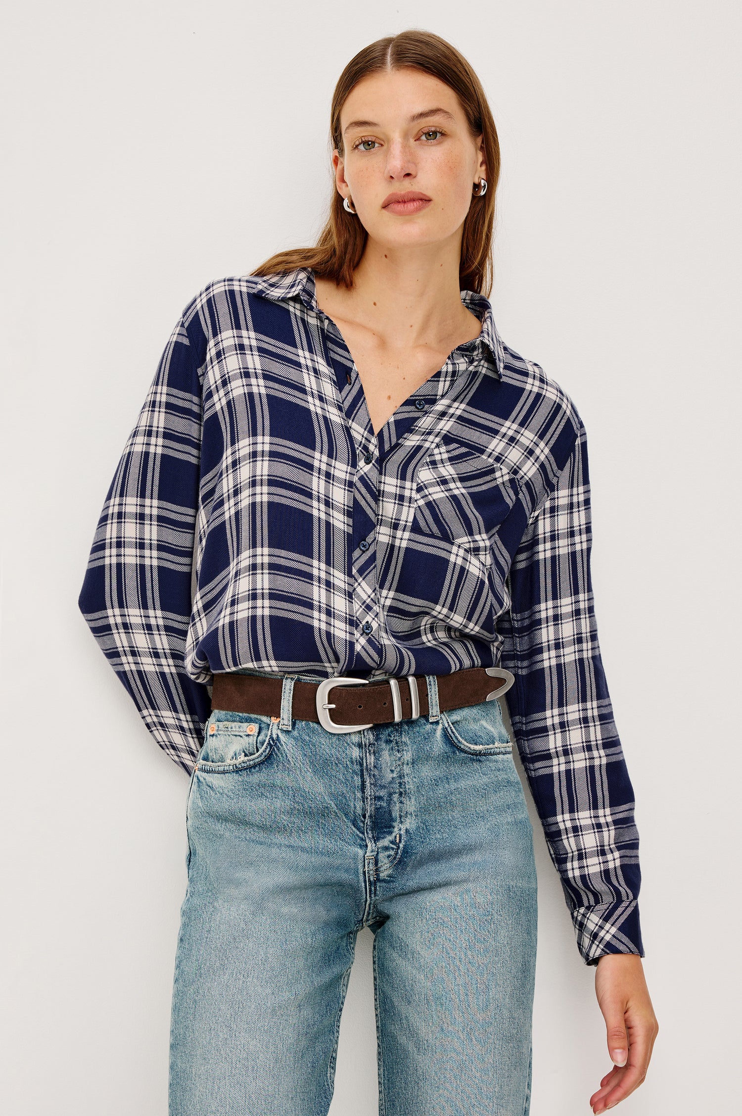 Hunter Long-Sleeve Button Up with a Chest Patch Pocket in Indigo Navy Colorway, plaid - Front View Featured on Model