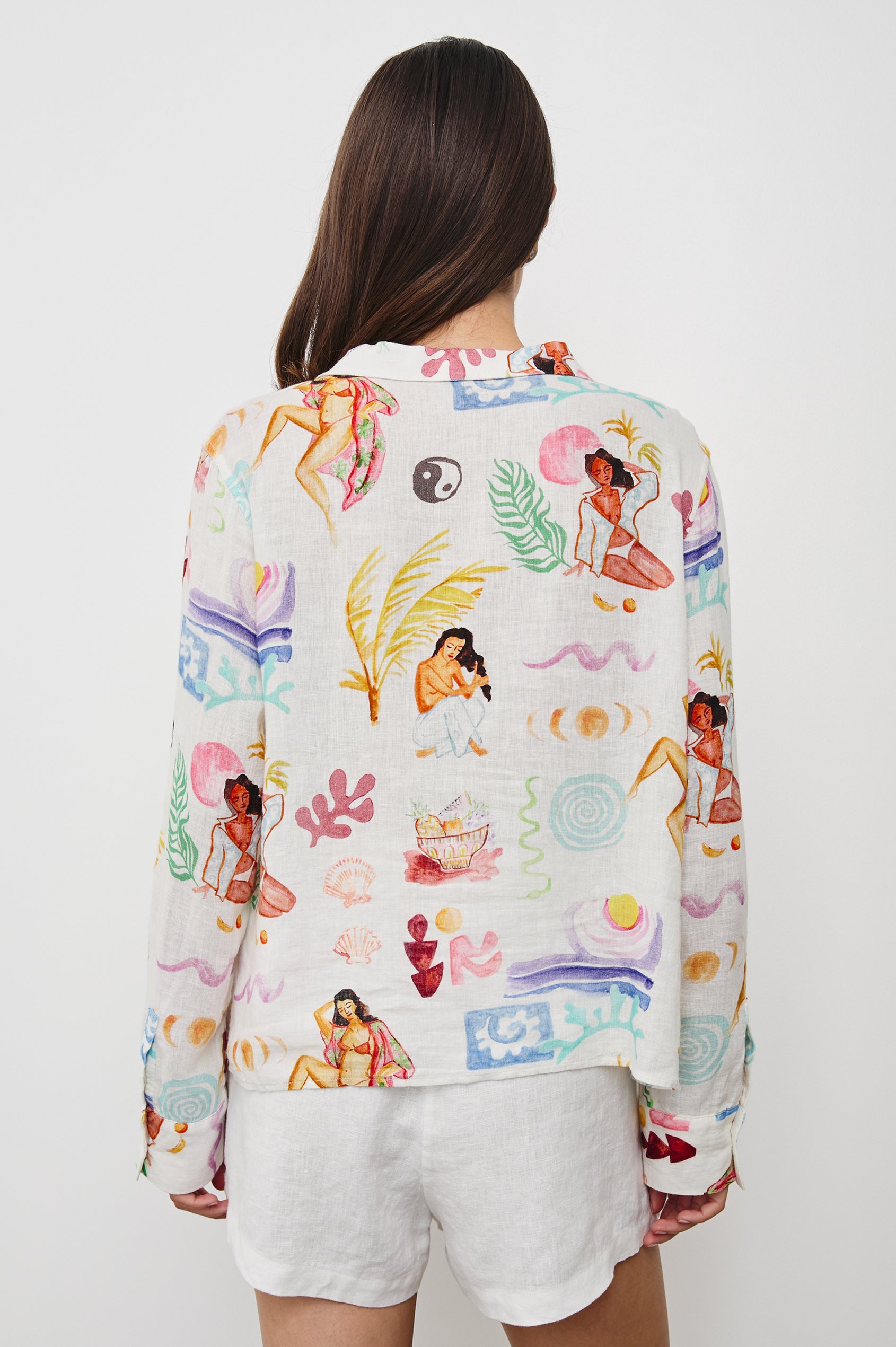 Elm Collared  V-Neck Tie Front Top with Long Sleeves in Ivory Ladies Bathing Colorway. Back View Shown on Model.