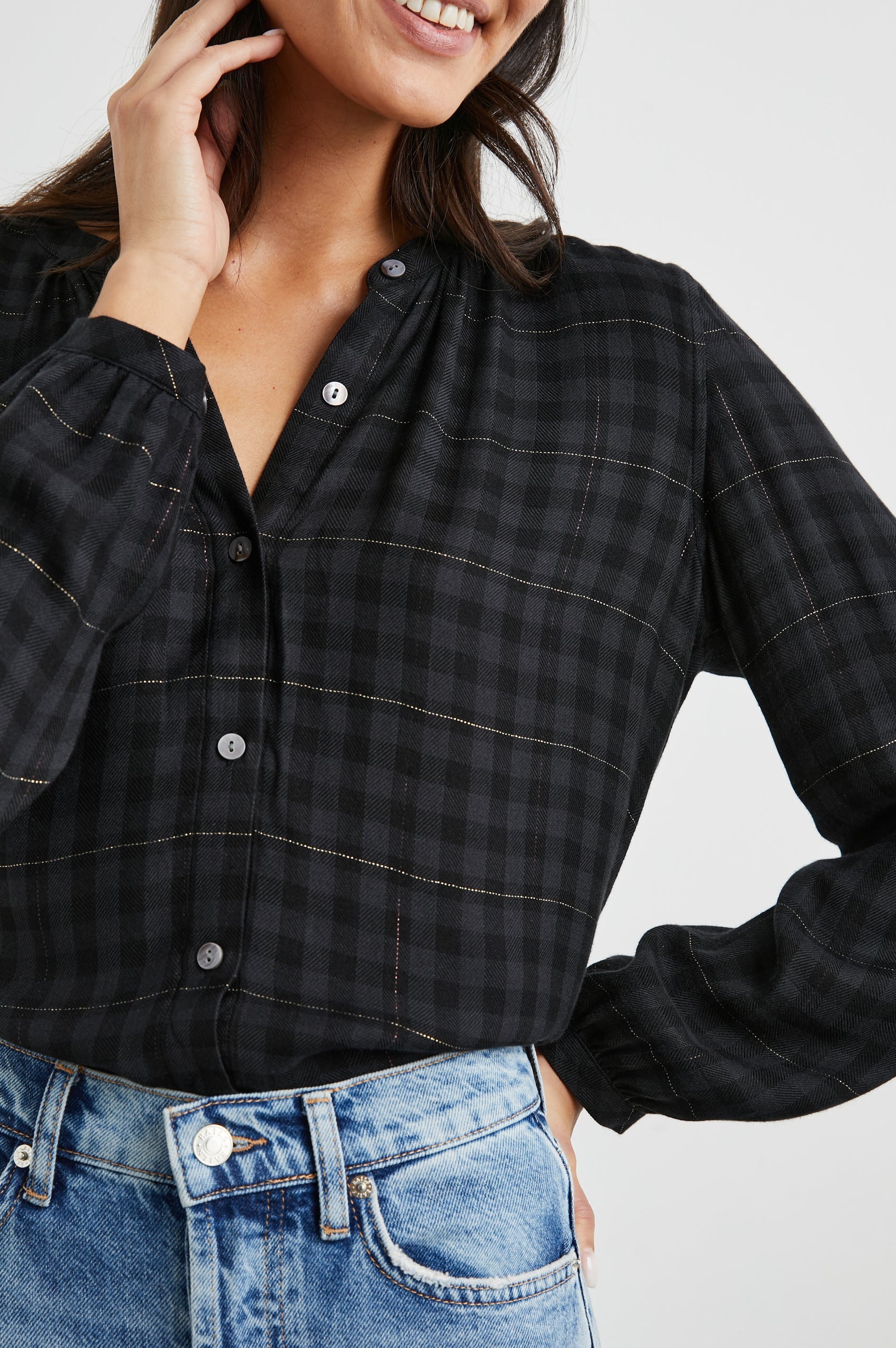 Eloise Long-Sleeve Button Up with an Open Collar in Onyx Lurex Colorway, a plaid - Front Tucked View Featured on Model