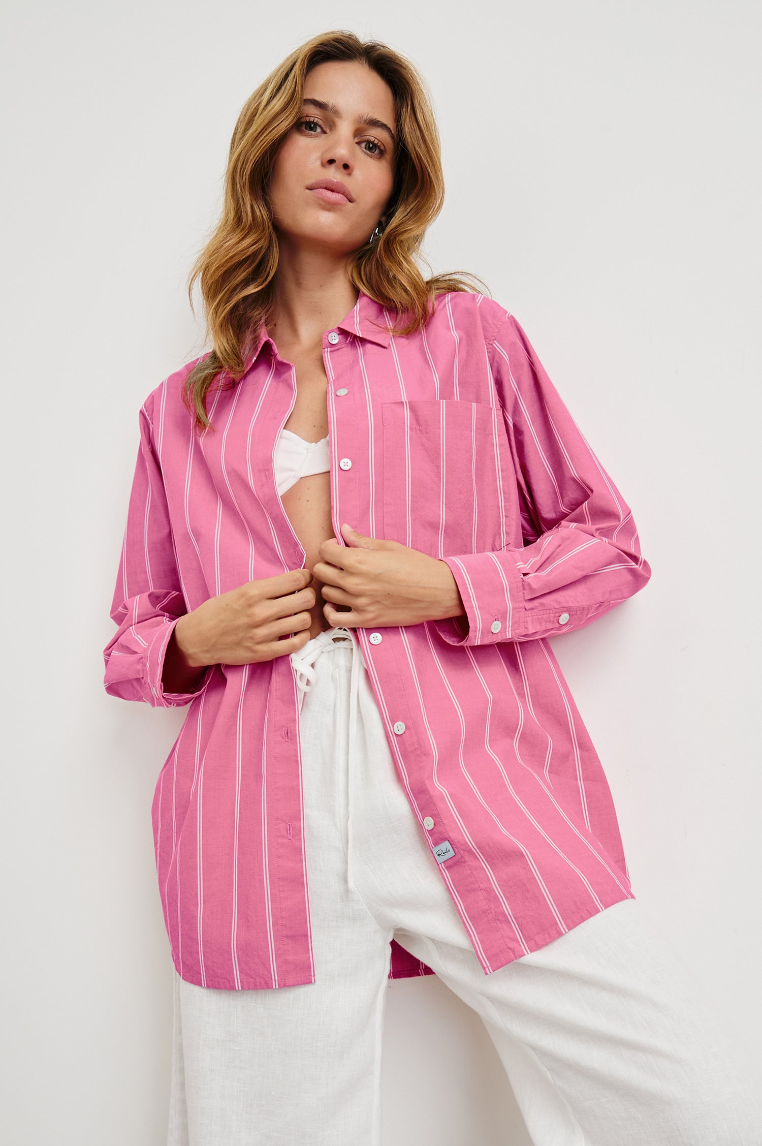 Elsa Oversized Long Sleeve Button Down Shirt With Collar And Cuffs In Colorway Hibiscus White Stripe - Front View Unbuttoned Featured On Model