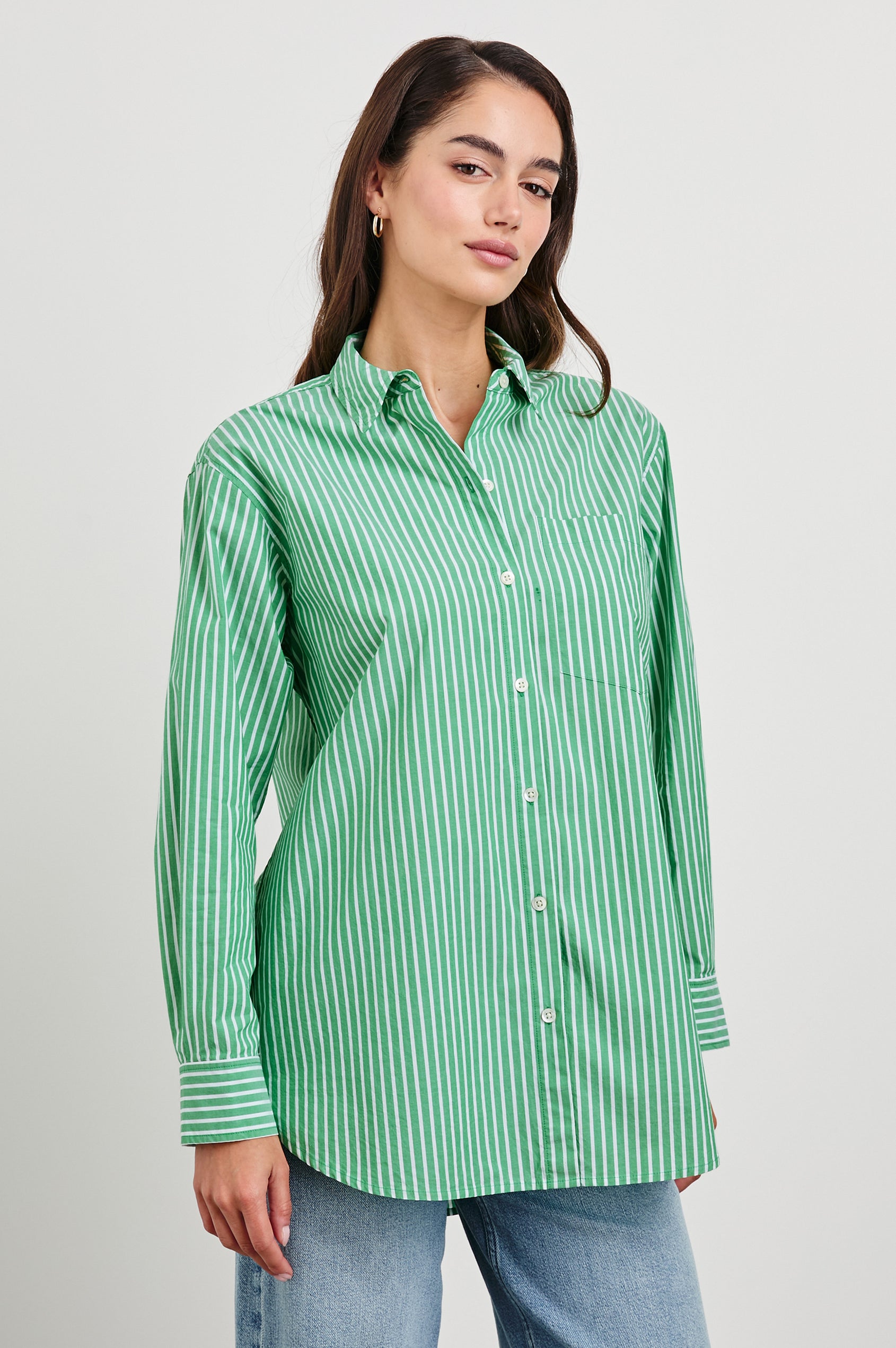 Elsa Oversized Long Sleeve Button Down Shirt With Collar And Cuffs In Colorway Kelly White Stripe - Front View Buttoned Featured On Model