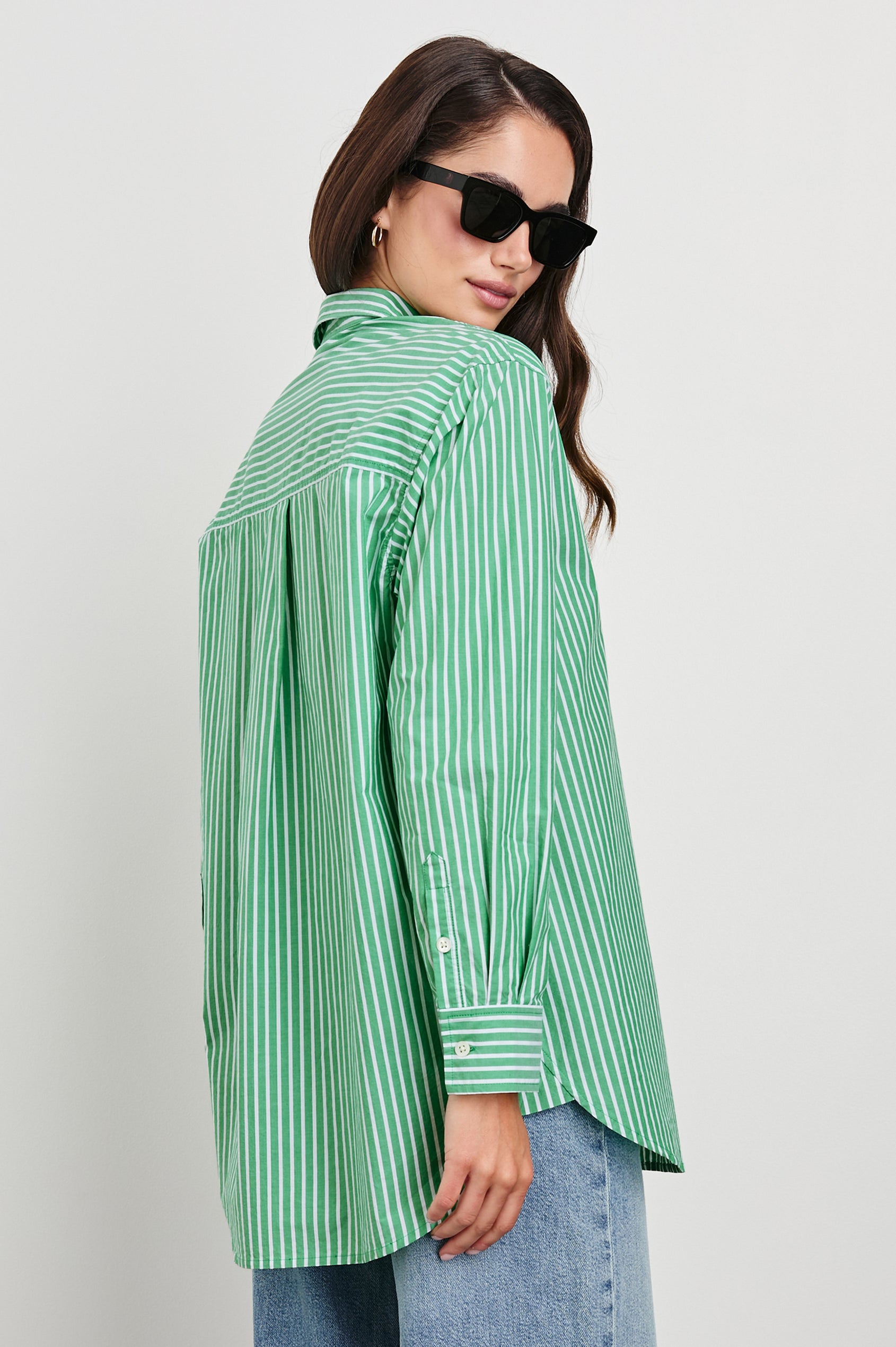 Elsa Oversized Long Sleeve Button Down Shirt With Collar And Cuffs In Colorway Kelly White Stripe - Side View Featured On Model