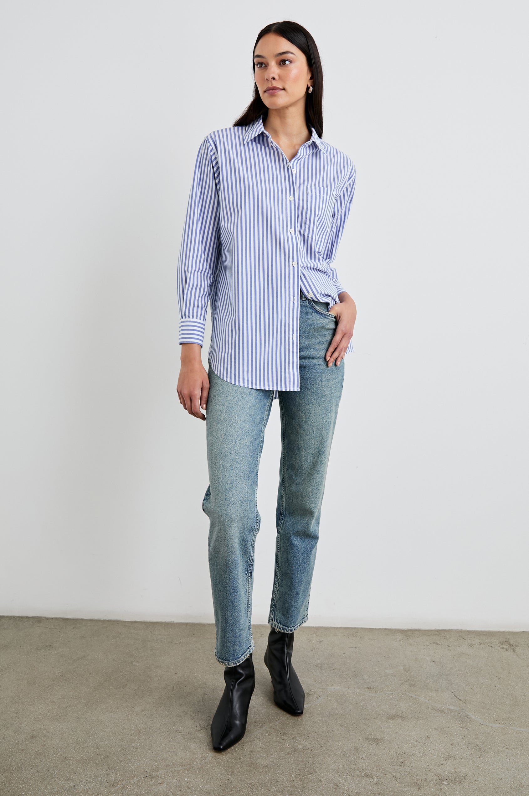 Elsa Long-Sleeve Button Down Shirt with Chest Patch Pocket in Mariner White Stripe Colorway, Vertical Blue and White Stripes - Front Full Body View Featured on Model