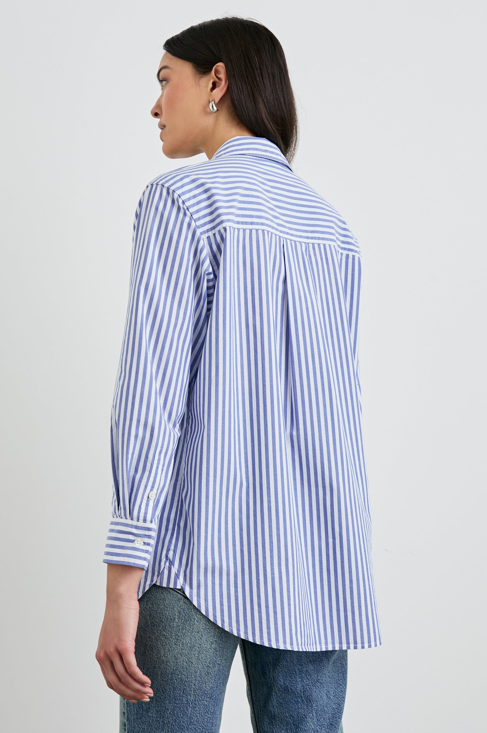 Elsa Long-Sleeve Button Down Shirt with Chest Patch Pocket in Mariner White Stripe Colorway, Vertical Blue and White Stripes - Back View Featured on Model