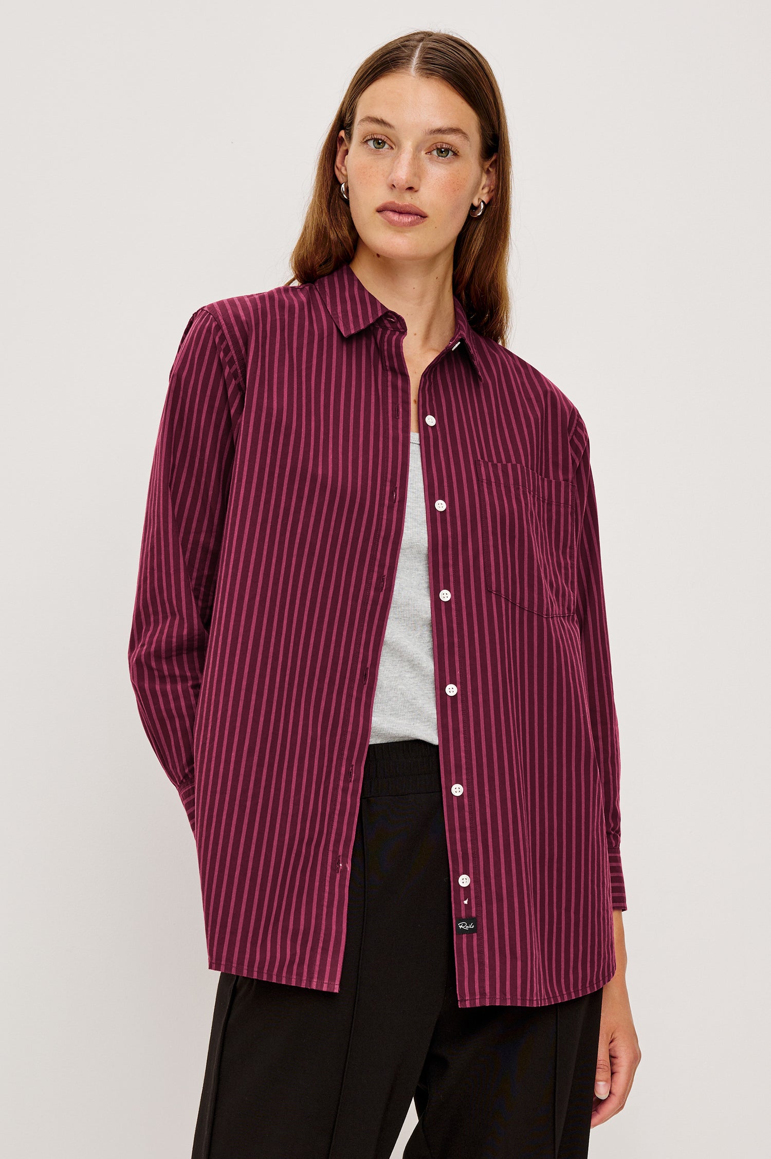 Elsa Oversized Long Sleeve Button Down Shirt With Collar And Cuffs In Mulberry Stripe Colorway - Front View Featured on Model, Unbuttoned with Grey Tee Underneath