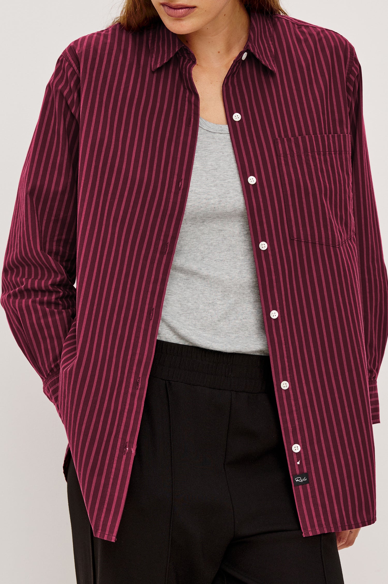 Elsa Oversized Long Sleeve Button Down Shirt With Collar And Cuffs In Mulberry Stripe Colorway - Close Up Front View Featured on Model, Unbuttoned with Grey Tee Underneath