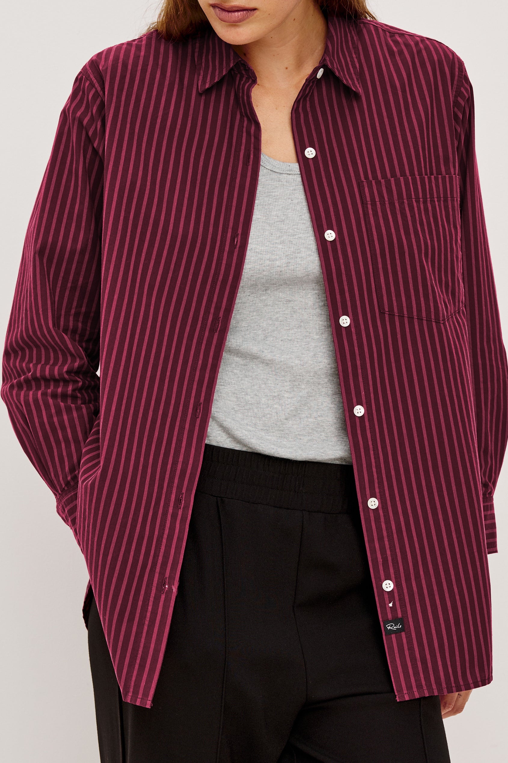 Elsa Oversized Long Sleeve Button Down Shirt With Collar And Cuffs In Mulberry Stripe Colorway - Close Up Front View Featured on Model, Unbuttoned with Grey Tee Underneath