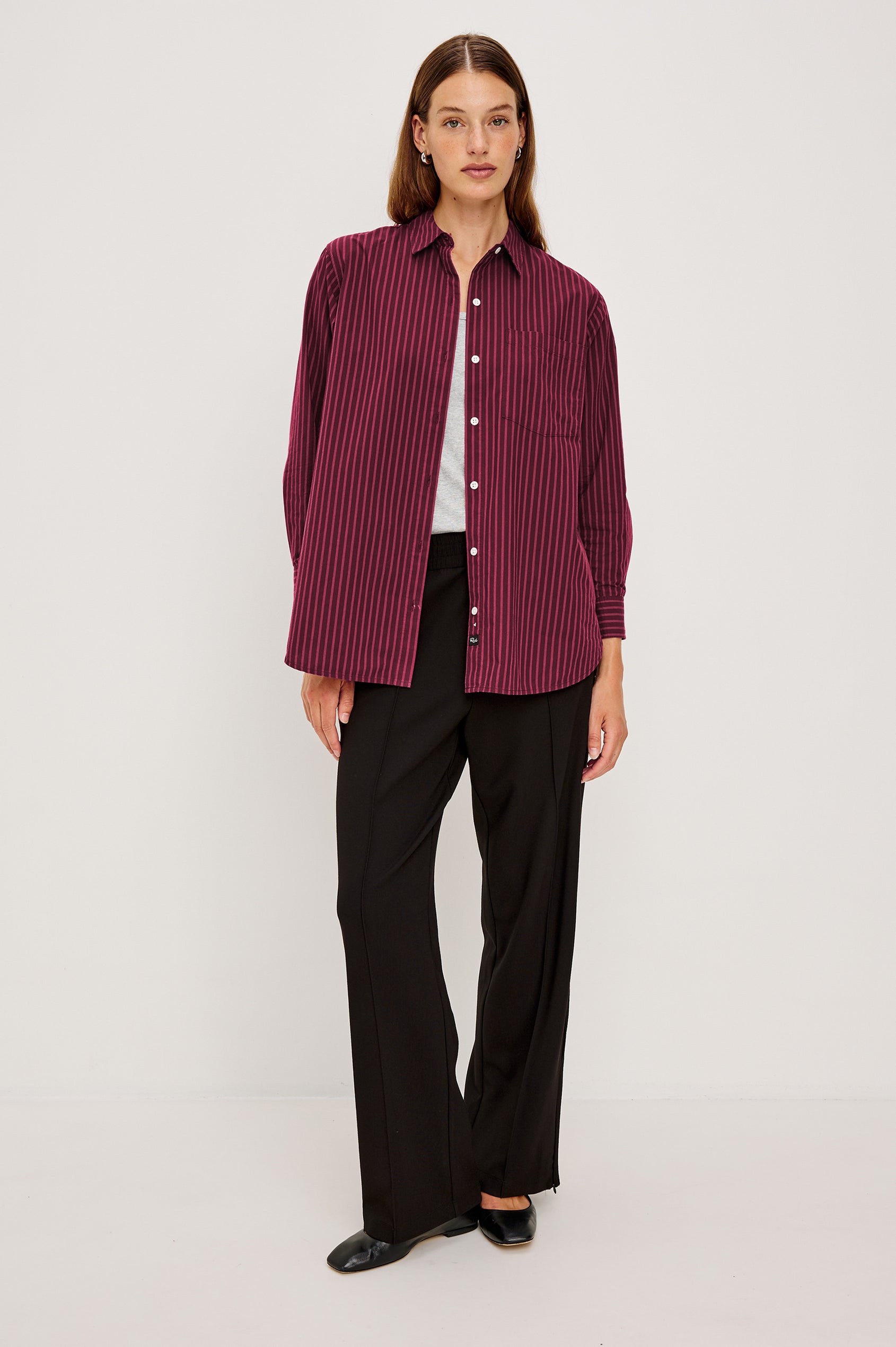 Elsa Oversized Long Sleeve Button Down Shirt With Collar And Cuffs In Mulberry Stripe Colorway - Full Body Front View Featured on Model, Unbuttoned with Grey Tee Underneath
