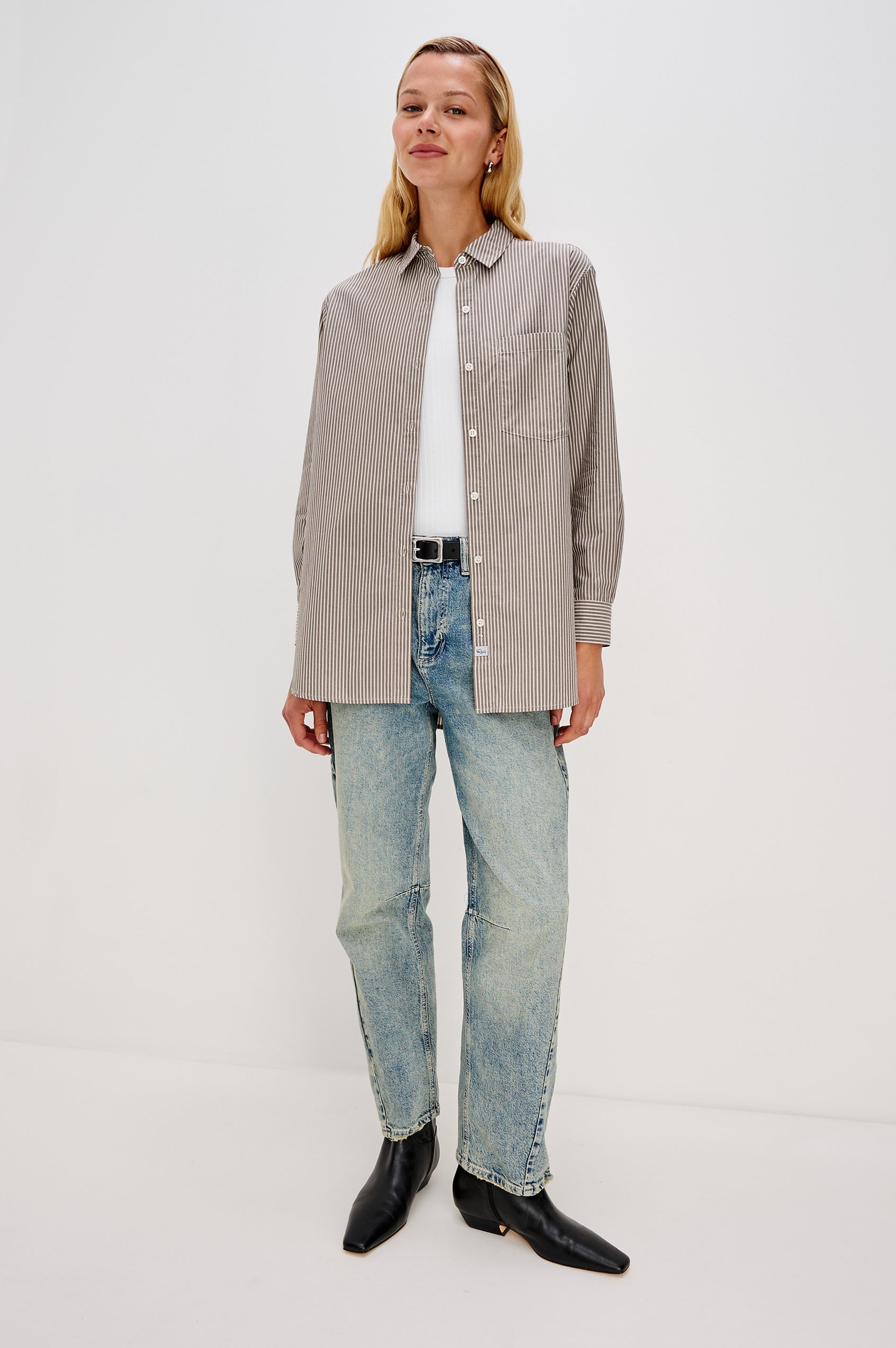 Elsa Oversized Long Sleeve Button Down Shirt With Collar And Cuffs In Noir Stripe Colorway - Full Body Front View Featured on Model