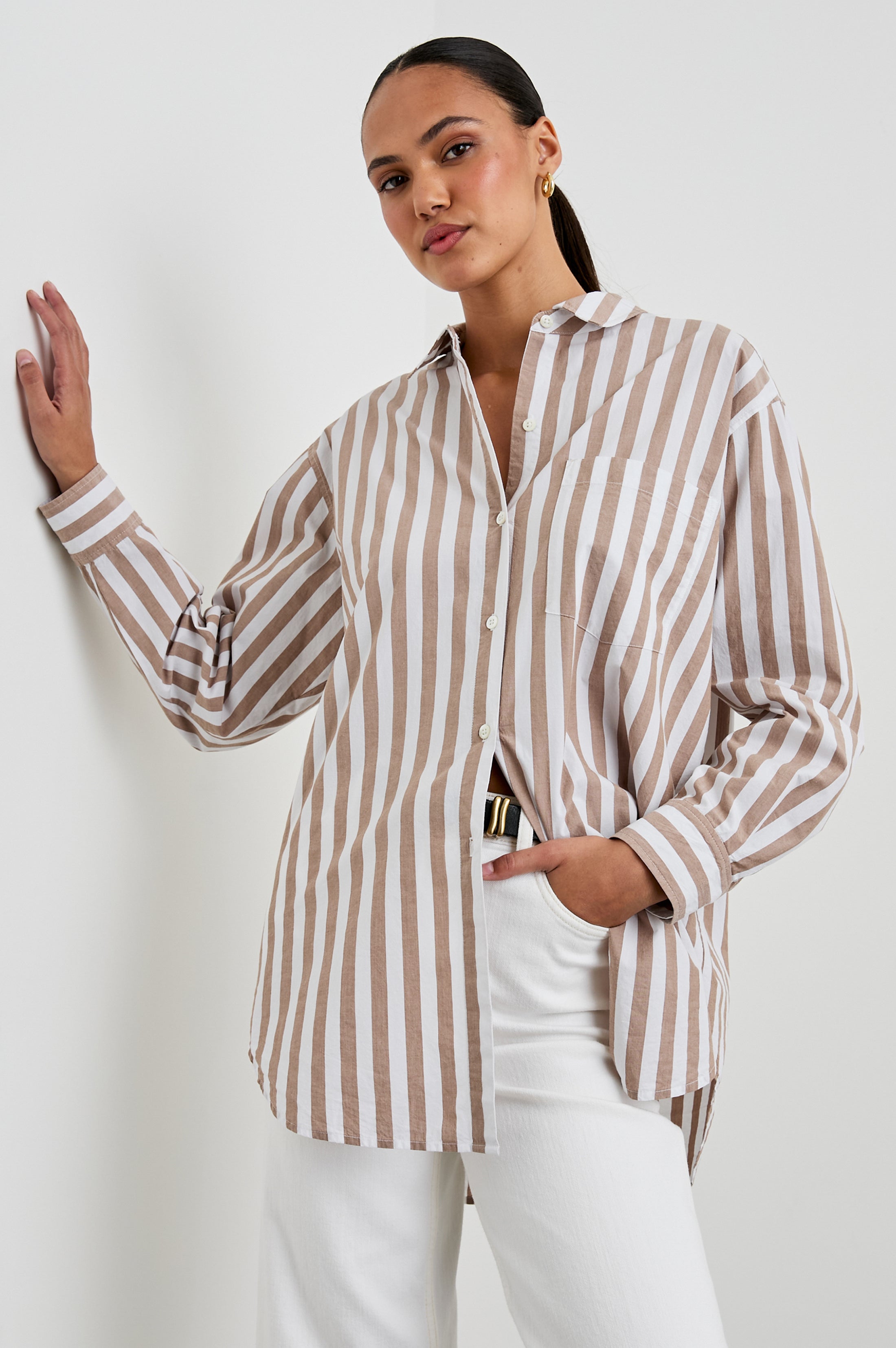 アイレネ 23SS Roll Up Sleeve Stripe Shirt Empyre Glen Black, White & Brown Stripe Short Sleeve Zip Shirt