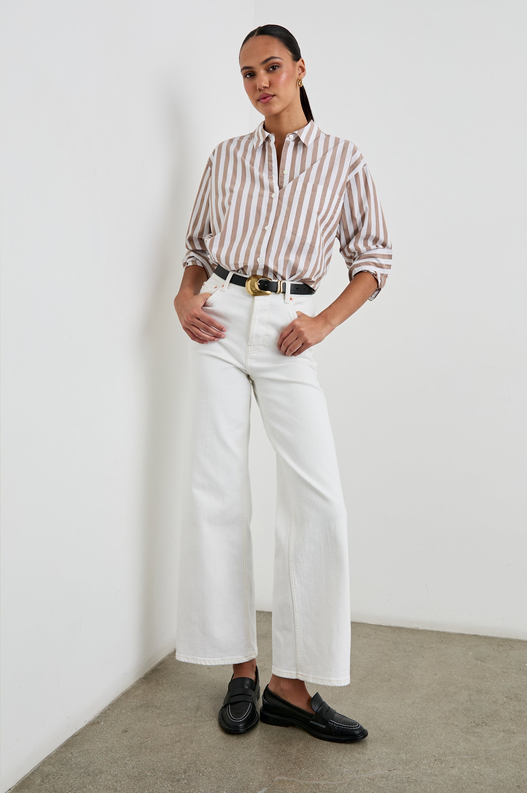 Elsa Long-Sleeve Button Down Shirt with Chest Patch Pocket in Russet White Stripe Colorway, Vertical Stripes - Front Full Body View Featured on Model
