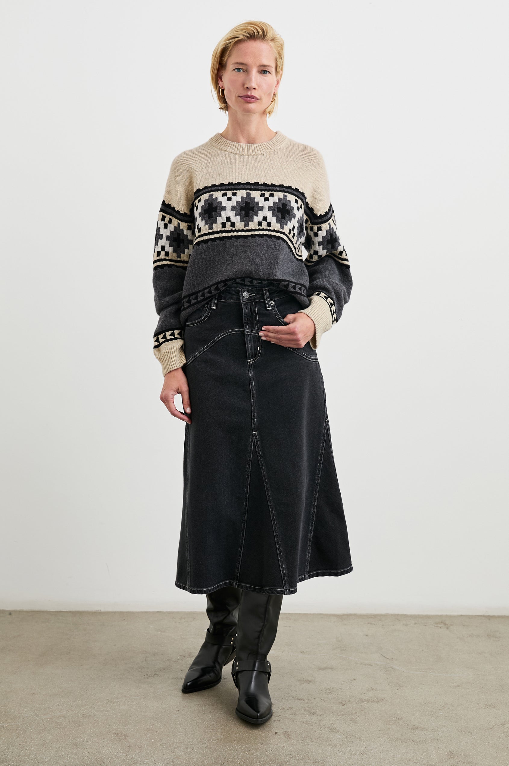 Emma Long-Sleeve Sweater with a Crew Neck and Ribbed Trim in Heather Fair Isle Colorway, a geometric design in White, Cream, Black and Grey - Front Full Body View Featured on Model