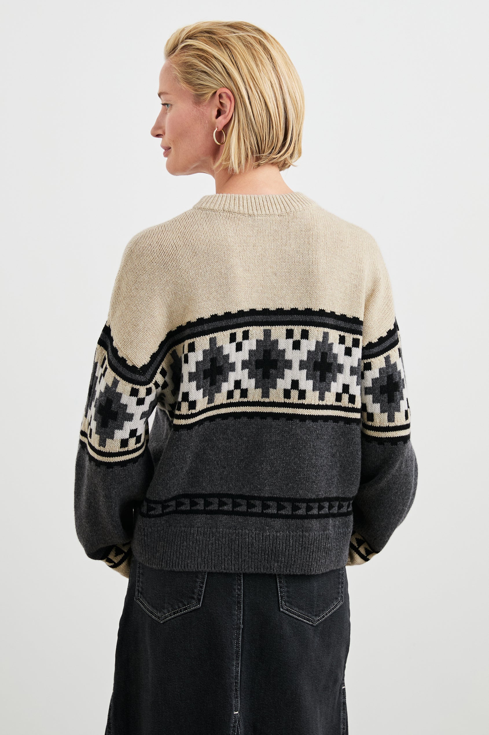 Emma Long-Sleeve Sweater with a Crew Neck and Ribbed Trim in Heather Fair Isle Colorway, a geometric design in White, Cream, Black and Grey - Back View Featured on Model