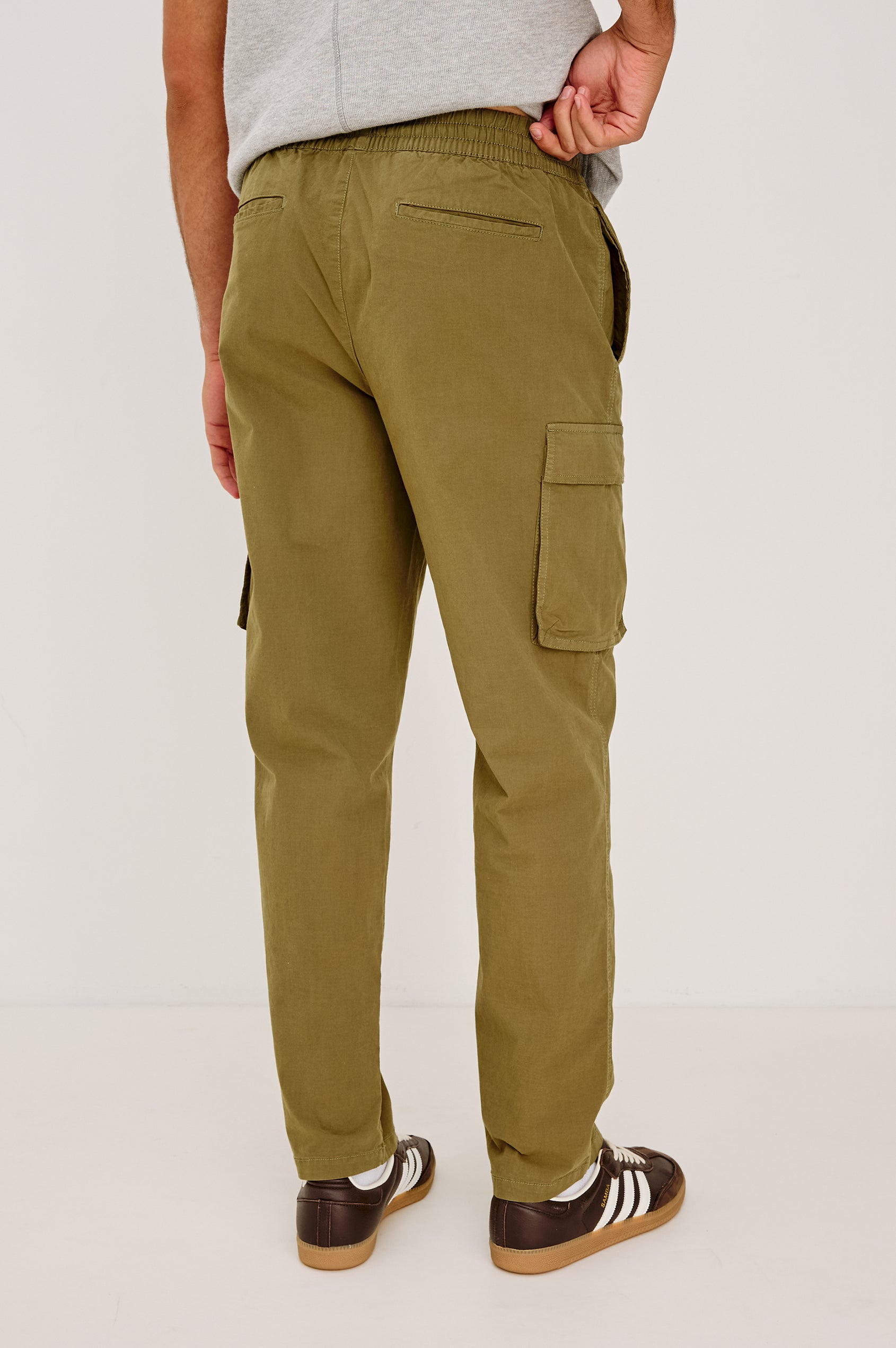 Emmerson Pant in Lightweight Cotton With Cargo Pockets and Drawstring Waist in Olive Colorway - Lower Body Back View Featured on Model
