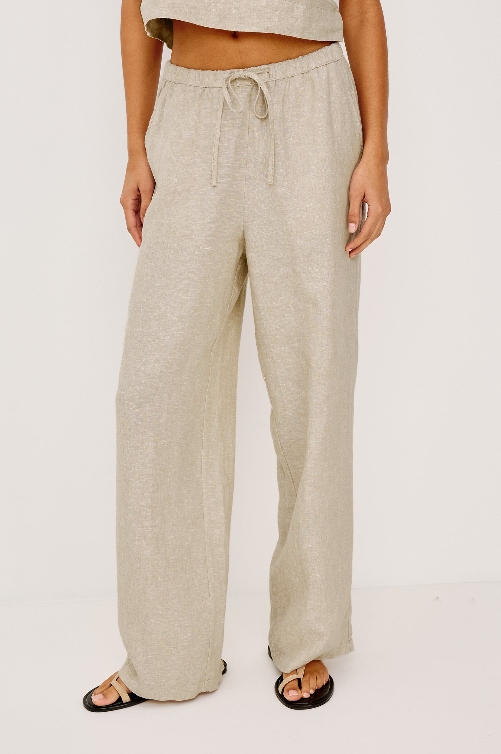 Emmie high rise linen wide leg pant with drawstring in Heathered Flax Colorway - Lower Body Front View Shown on Model.