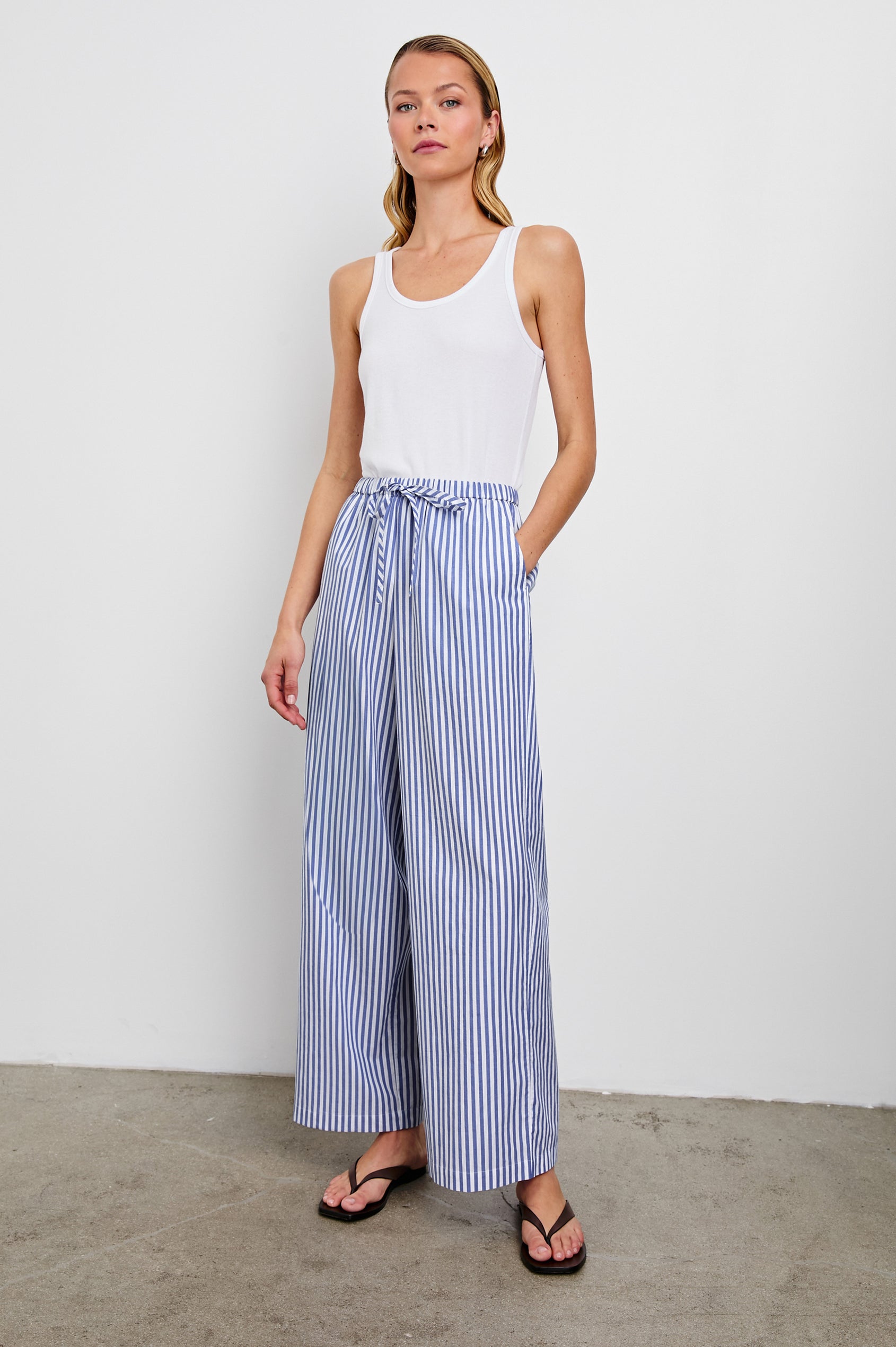 Emmie Pants with a Drawstring Waist and Two Front Pockets in Mariner White Stripe Colorway - Front Full Body View Featured on Model