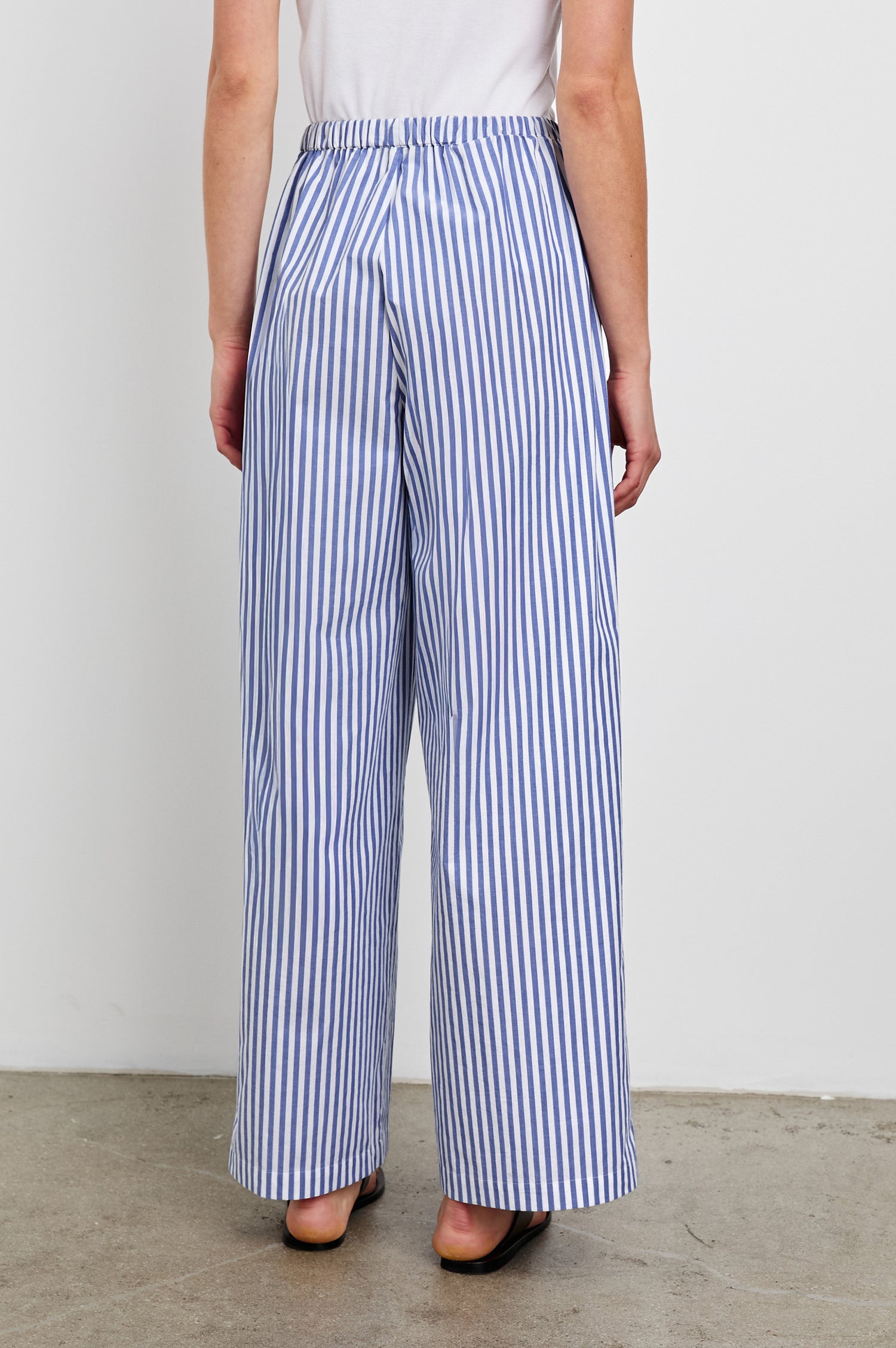 Emmie Pants with a Drawstring Waist and Two Front Pockets in Mariner White Stripe Colorway - Back View Featured on Model