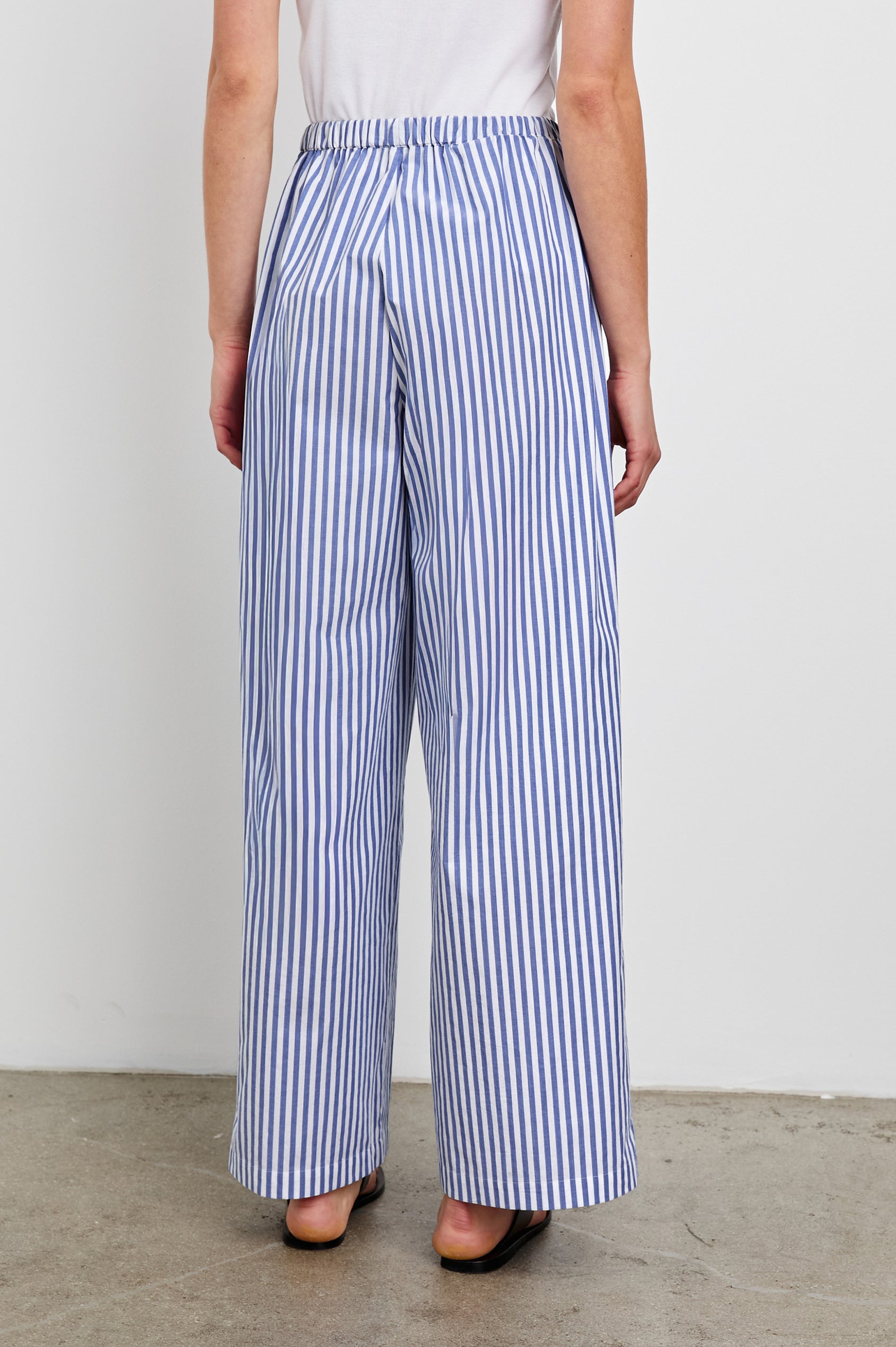 Emmie Pants with a Drawstring Waist and Two Front Pockets in Mariner White Stripe Colorway - Back View Featured on Model