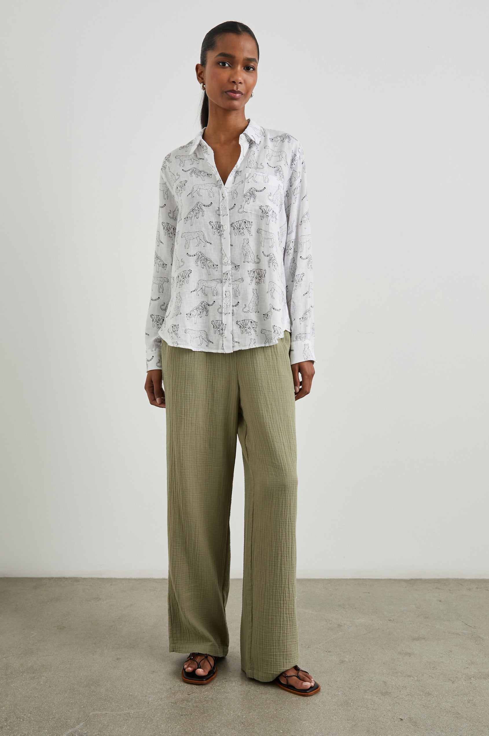 Emmie Pants with a Drawstring Waist and Two Front Pockets in Gauze Mermaid Colorway - Front Full Body View Featured on Model