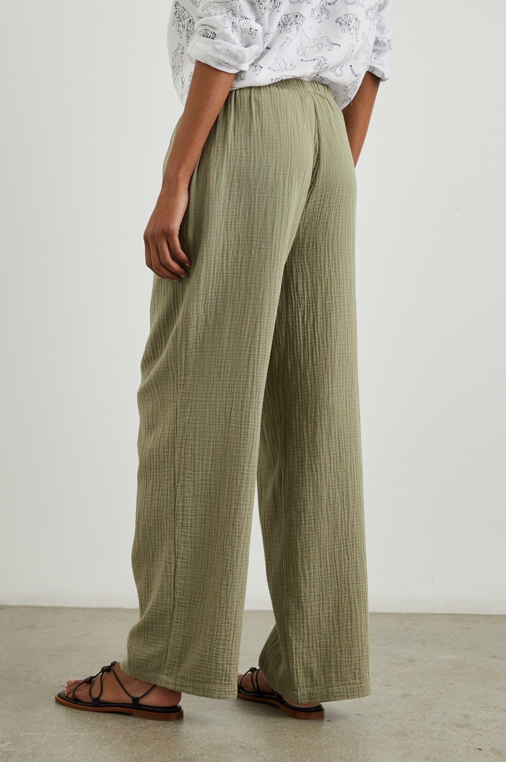 Emmie Pants with a Drawstring Waist and Two Front Pockets in Gauze Mermaid Colorway - Side View Featured on Model