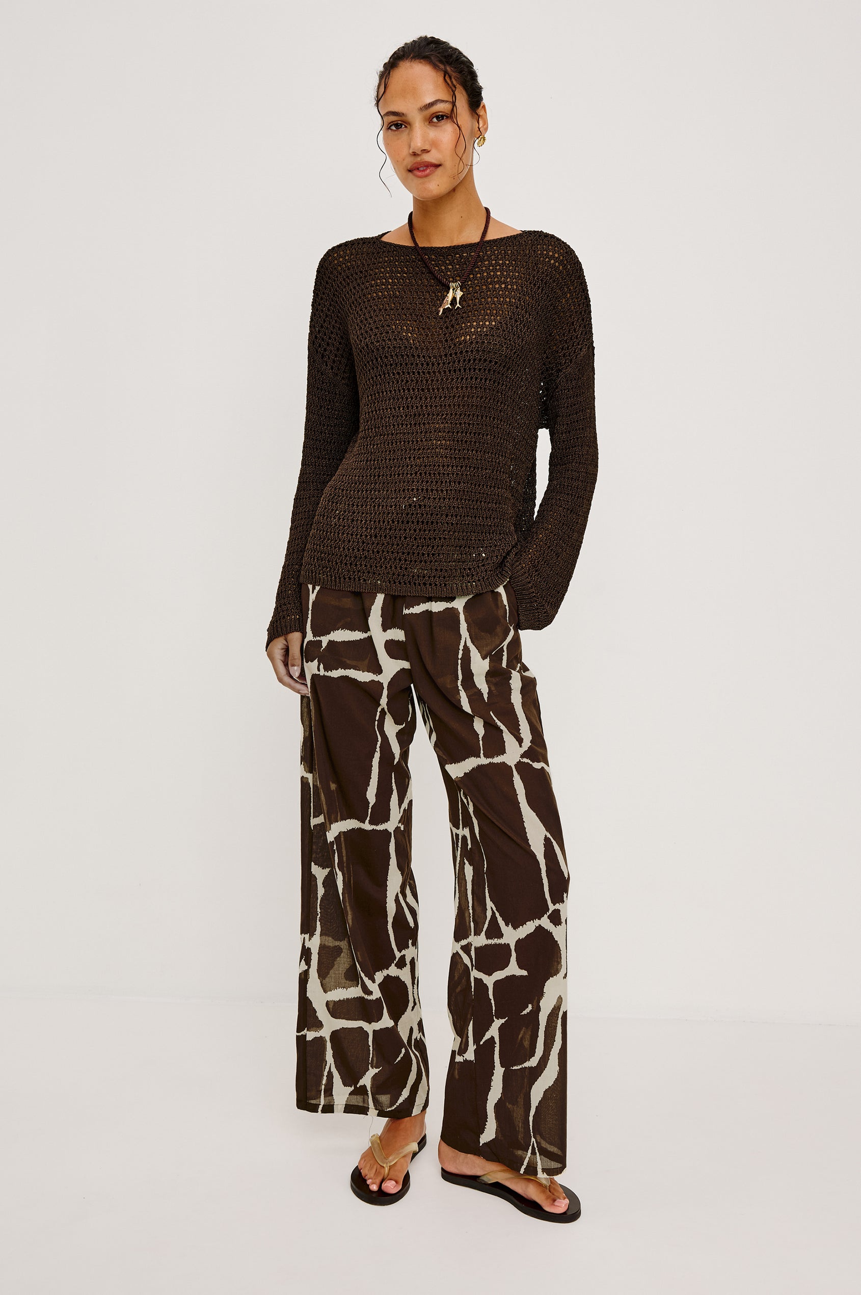 Emmie High-Waisted Wide-Leg Pant in Unlined Beach Cotton With Relaxed Fit Side Pockets and Adjustable Drawstring Waist Ties in Terra Colorway - Full Body Front View Featured on Model