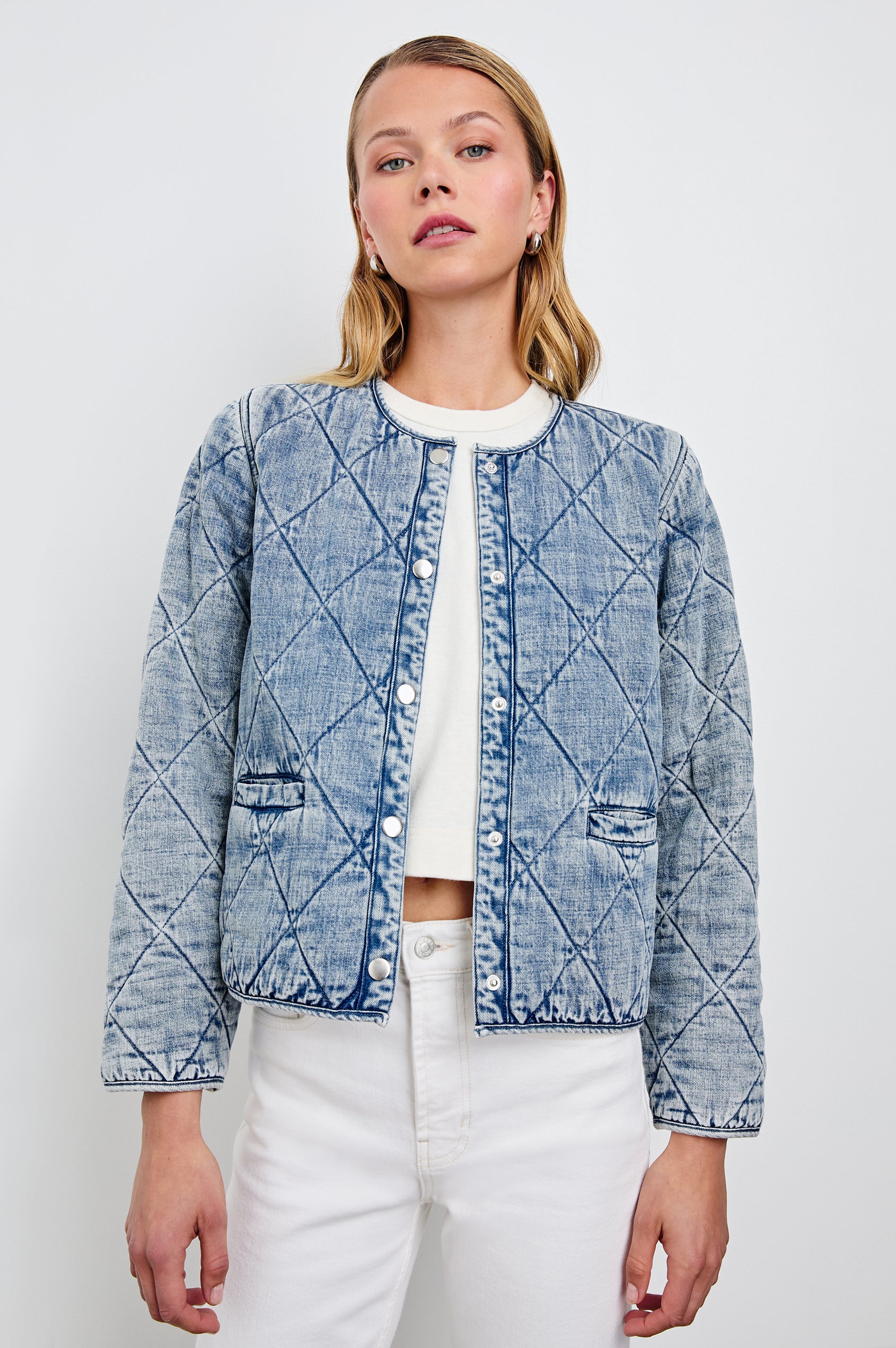 Ency Jacket with Quilted Denim, Snap Closure and Two Front Patch Pockets in Mid Blue Colorway - Front View Featured on Model