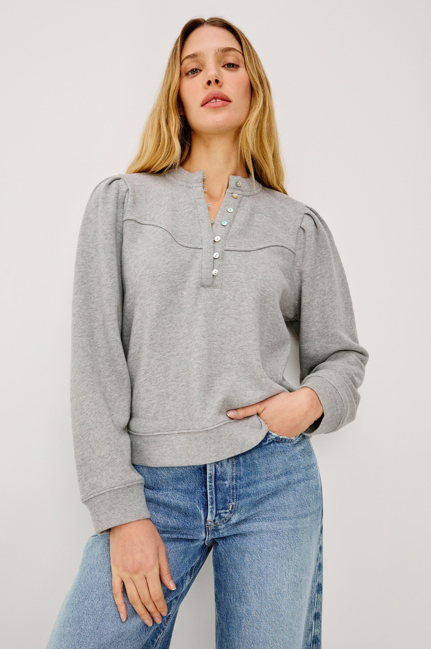 Erla Sweatshirt in French Terry in Heather Grey With Half Placket, Western Chest Yokes, and Gathered Long Sleeves in Heather Grey Colorway - Upper Body Front View Featured on Model