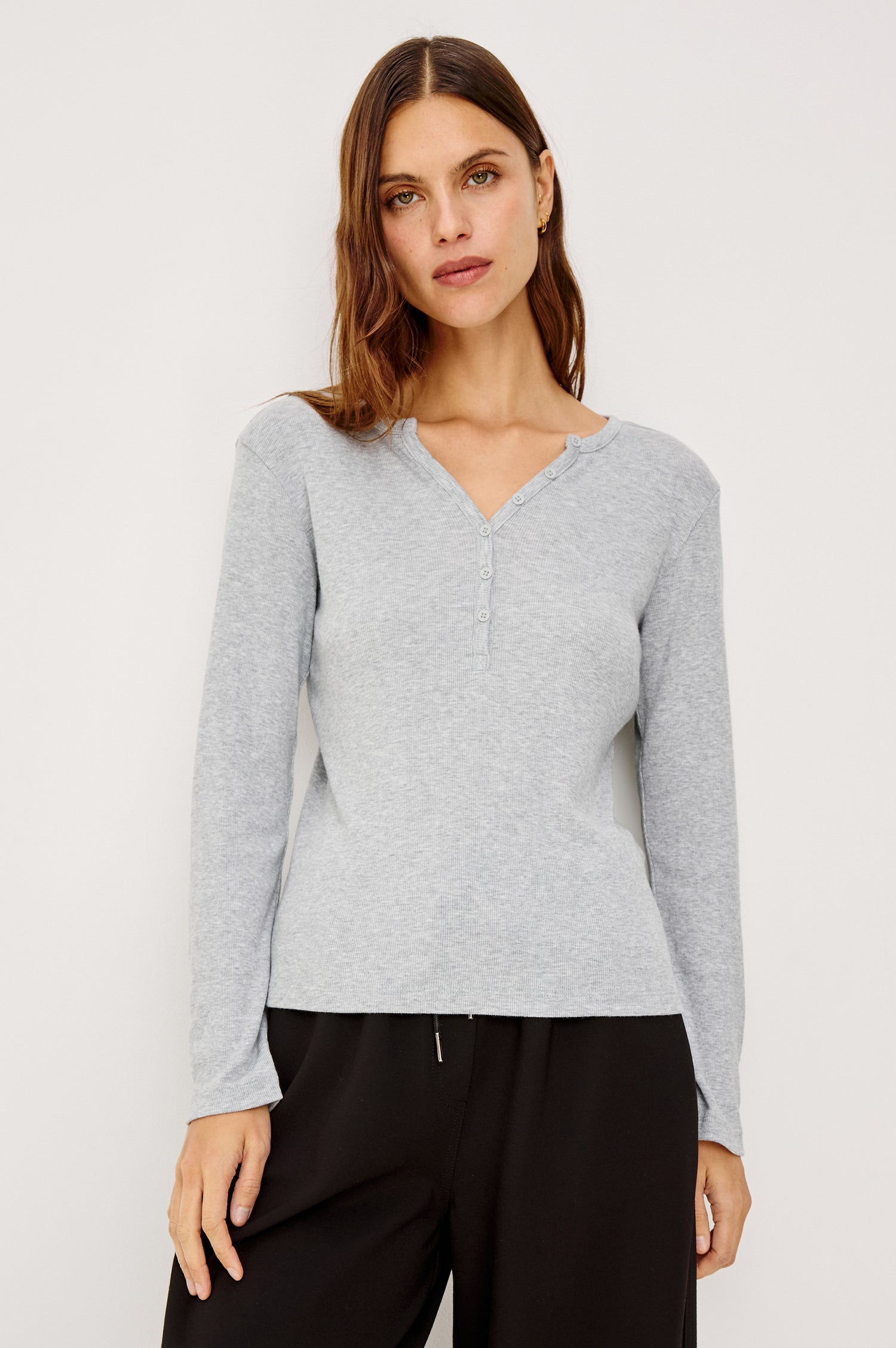 Essential Long-Sleeve Finely Ribbed Henley, with a V Neck and a Placket with Buttons in Heather Grey Colorway - Front View Featured on Model 