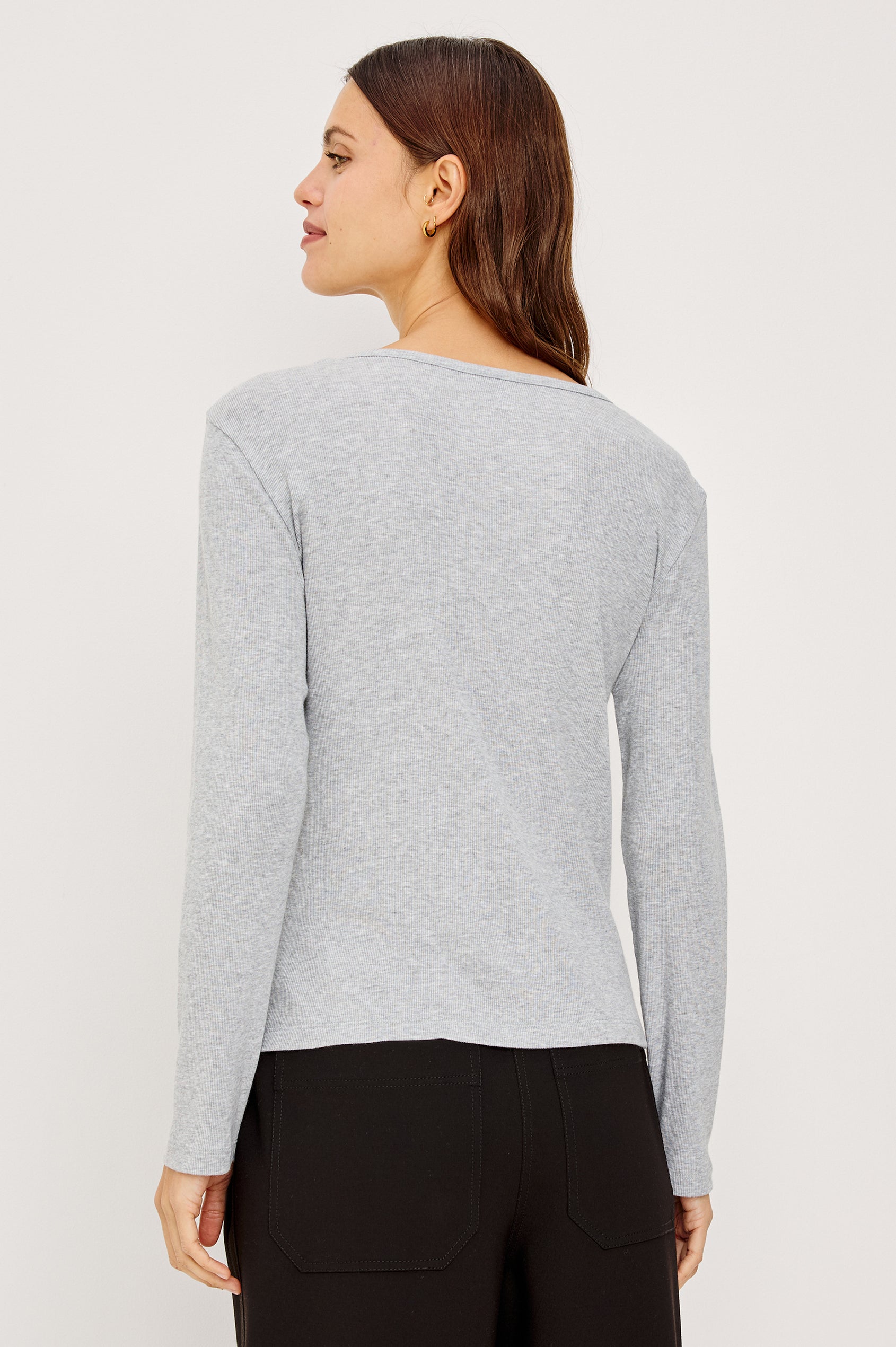 Essential Long-Sleeve Finely Ribbed Henley, with a V Neck and a Placket with Buttons in Heather Grey Colorway - Back View Featured on Model 