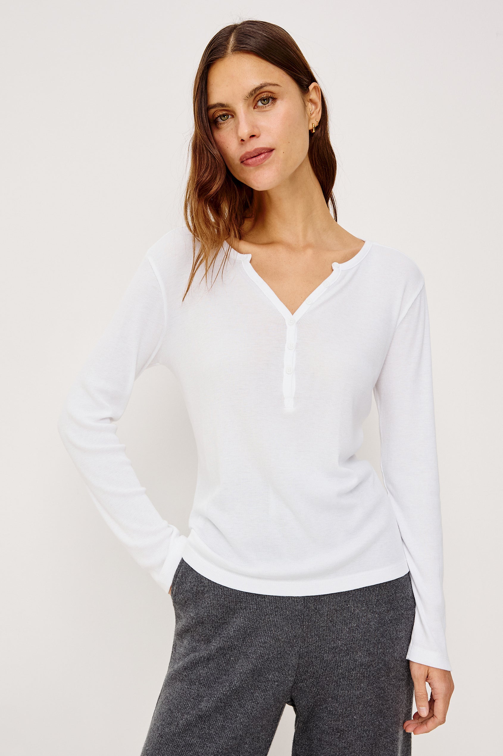 Essential Ribbed Henley With Front Placket and Long Sleeves in White Colorway - Upper Body Front View Featured on Model
