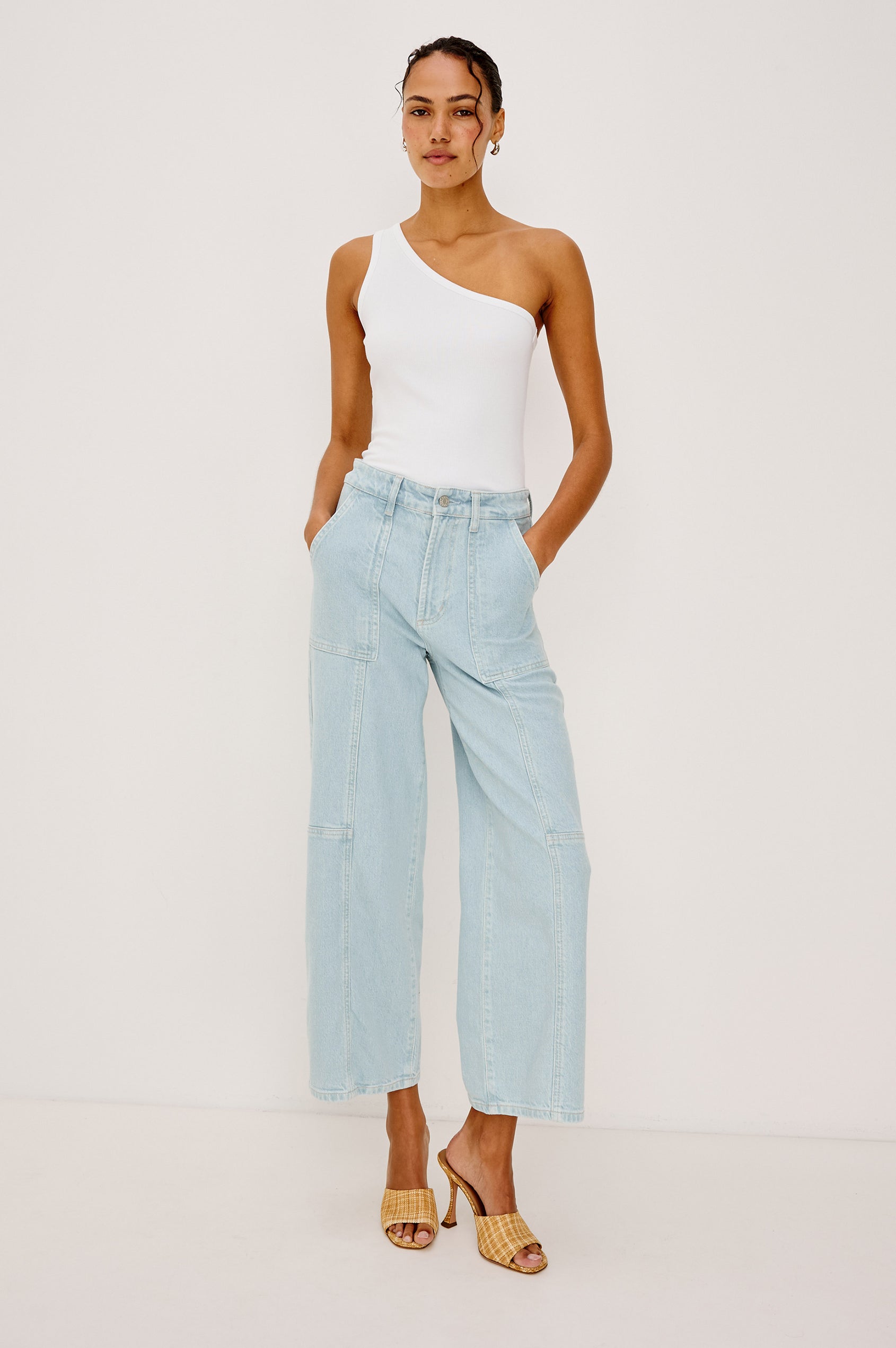 Esti Top in Ribbed Cotton Blend With One-Shoulder Neckline and Fitted Silhouette in White Rib Colorway - Upper Body Front View Featured on Model