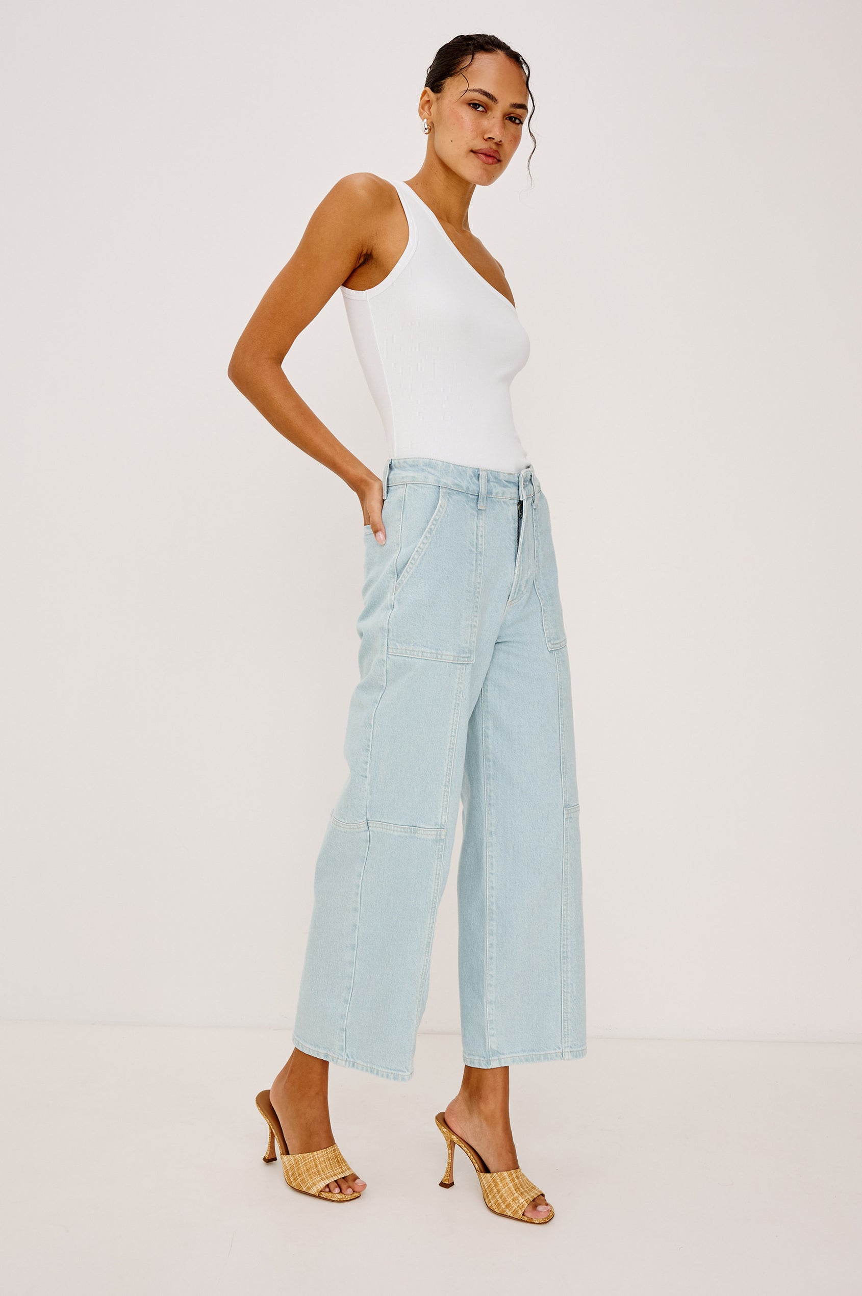 Esti Top in Ribbed Cotton Blend With One-Shoulder Neckline and Fitted Silhouette in White Rib Colorway - Full Body Front View Featured on Model