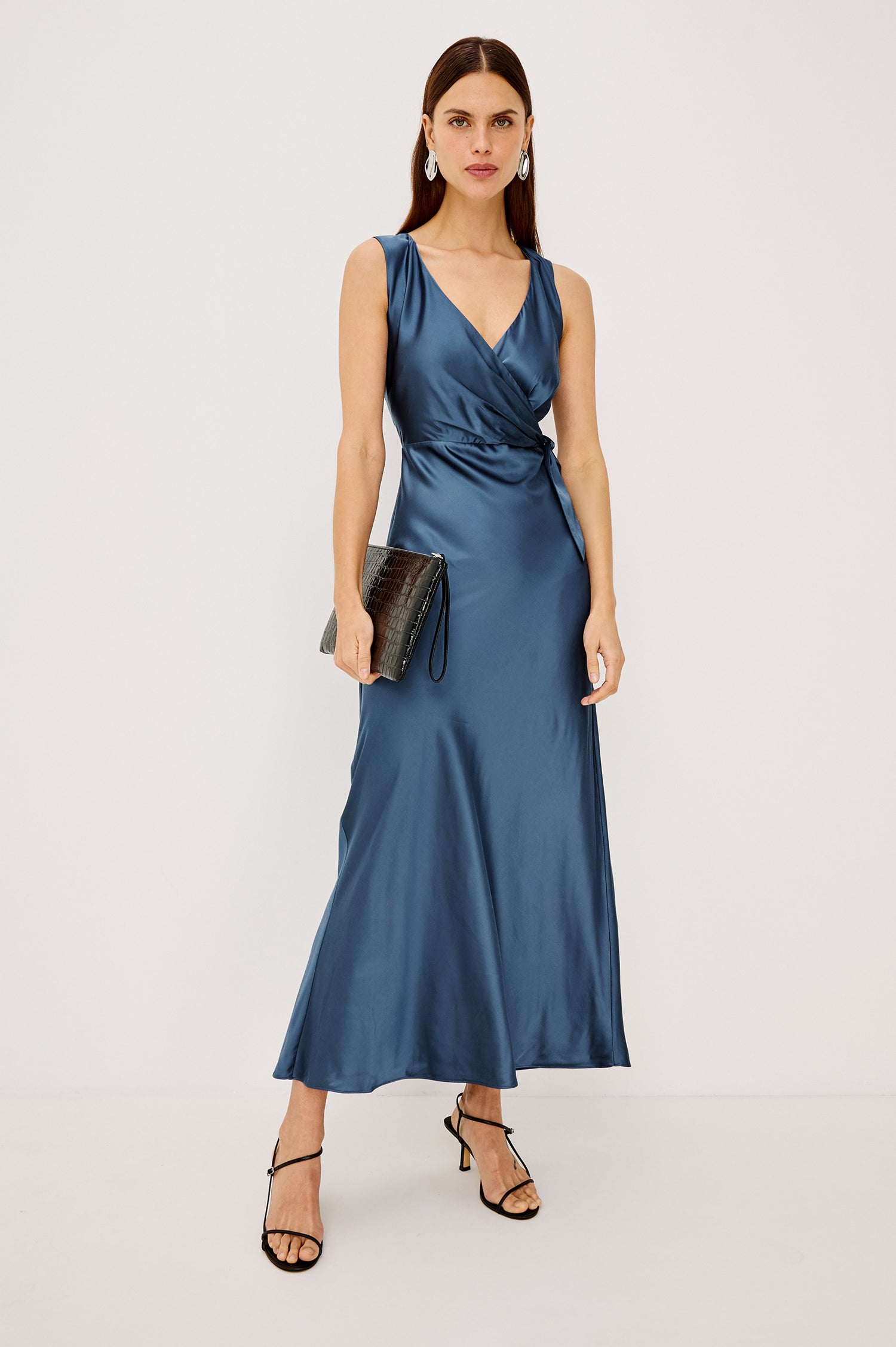 Eva Midi Dress in Satin-Back Crepe With V-Neckline, Bias Cut, Fixed Side Ties, and Side Seam Zip in Atlantic Colorway - Full Body Front View Featured on Model