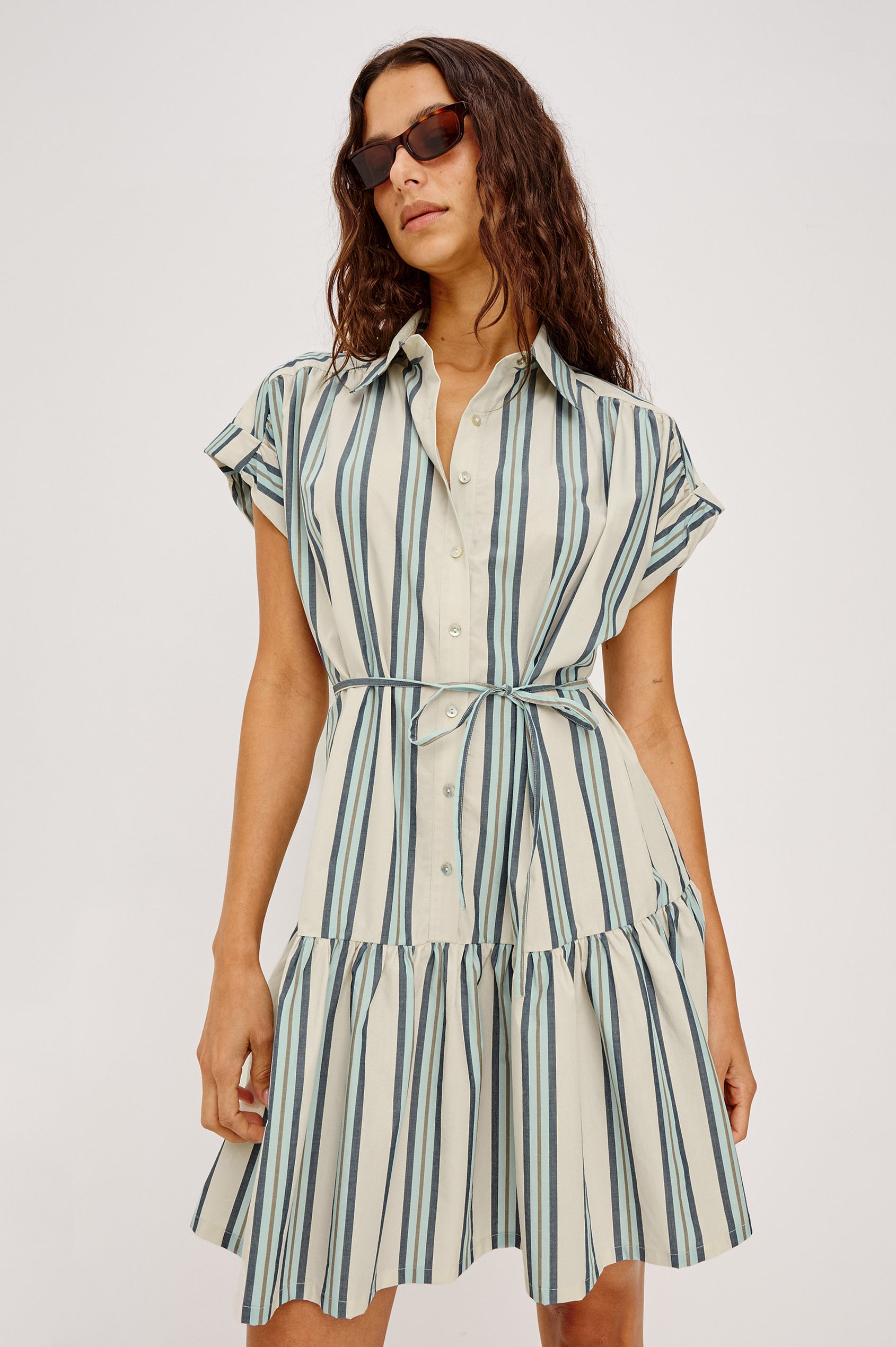 Evaline Mini Shirt Dress in Cotton Poplin With Collar, Rolled Short Sleeves, Front Buttons, and Single-Tier Hem in Marsala Stripe Colorway - Upper Body Front View Featured on Model