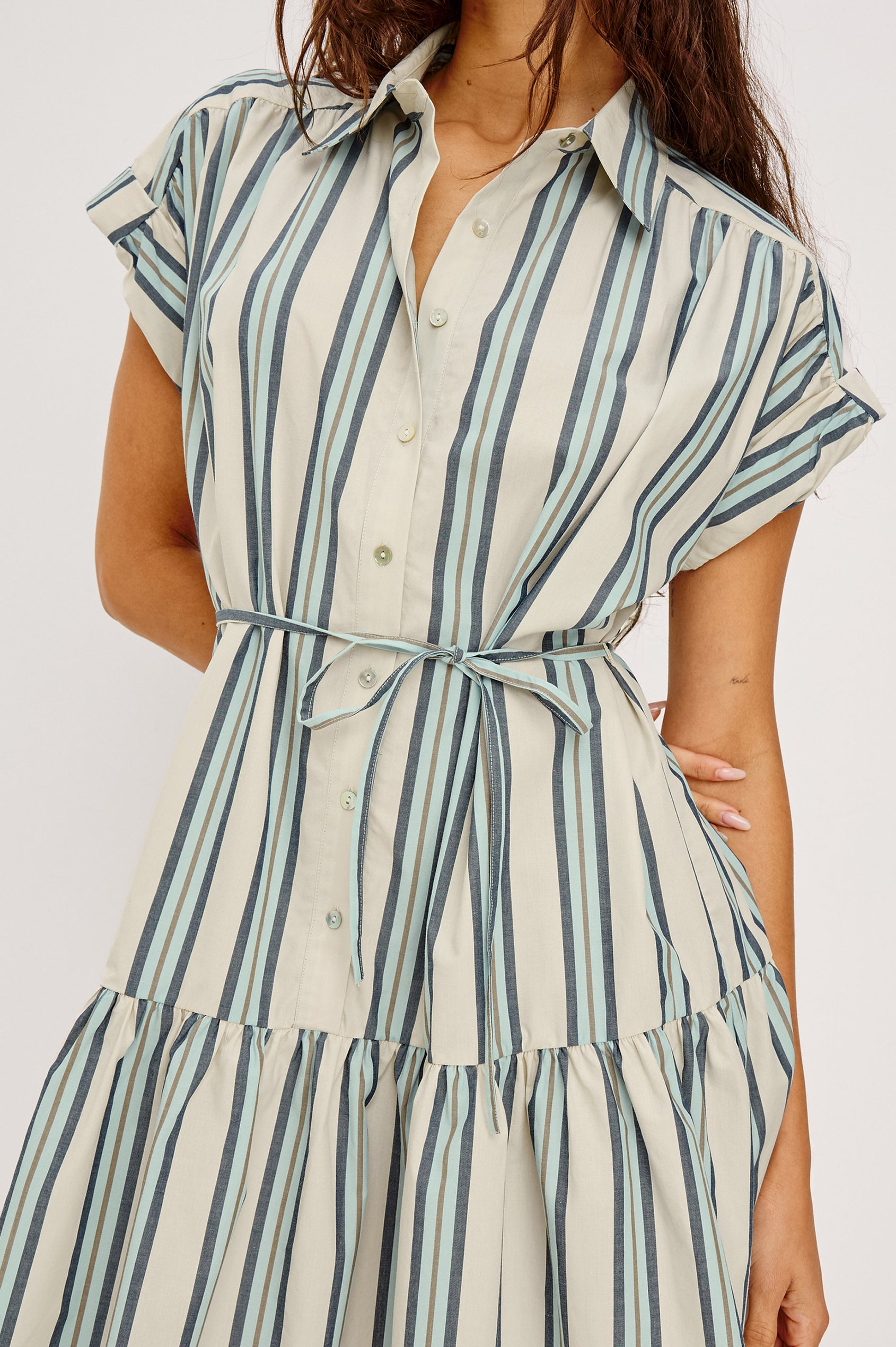 Evaline Mini Shirt Dress in Cotton Poplin With Collar, Rolled Short Sleeves, Front Buttons, and Single-Tier Hem in Marsala Stripe Colorway - Upper Body Front View Featured on Model