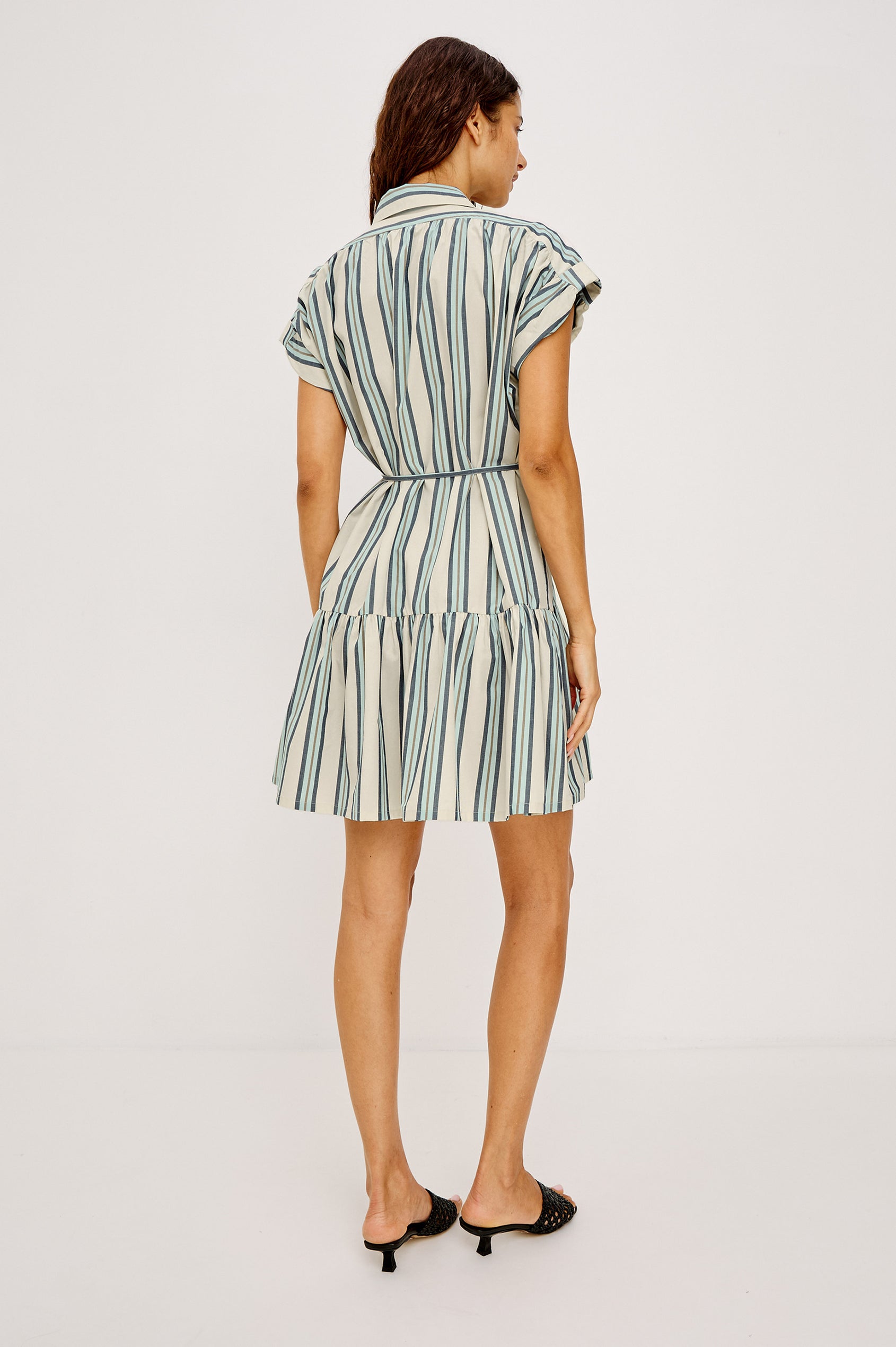 Evaline Mini Shirt Dress in Cotton Poplin With Collar, Rolled Short Sleeves, Front Buttons, and Single-Tier Hem in Marsala Stripe Colorway - Full Body Back View Featured on Model