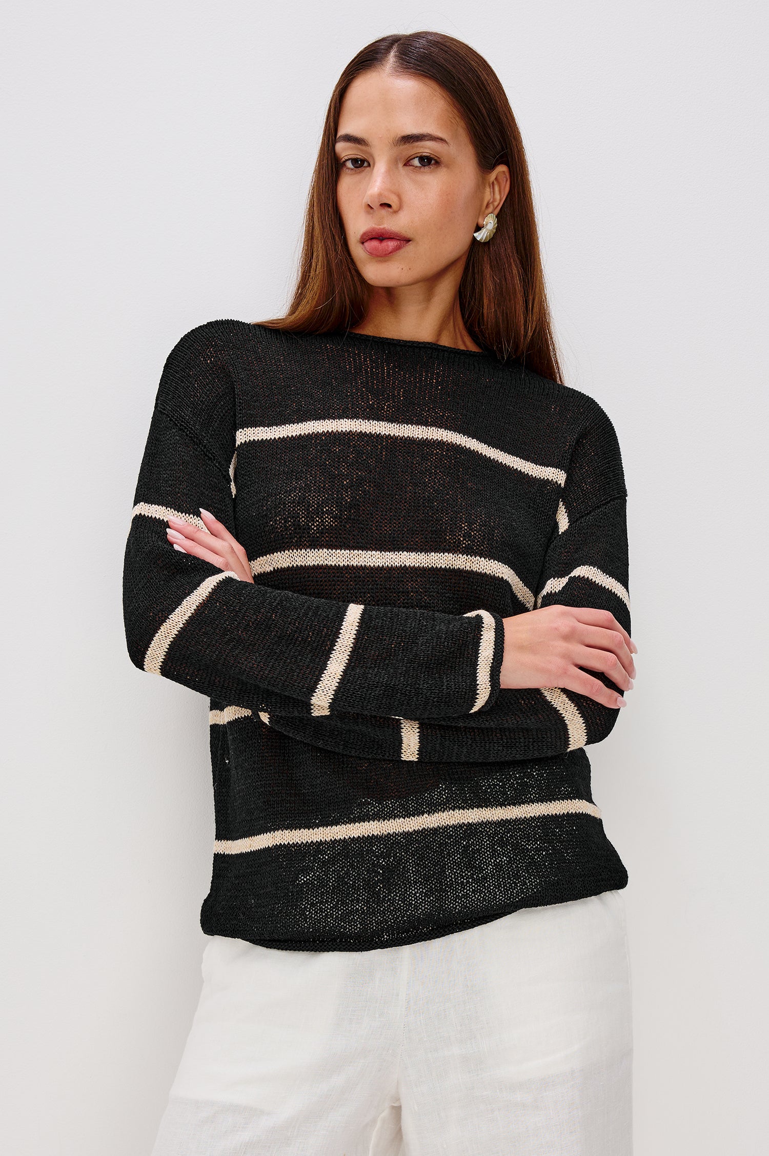 Evangeline Crew Neck Sweater with Long Sleeves in Black Linen Stripe Colorway. Front View Shown on Model.