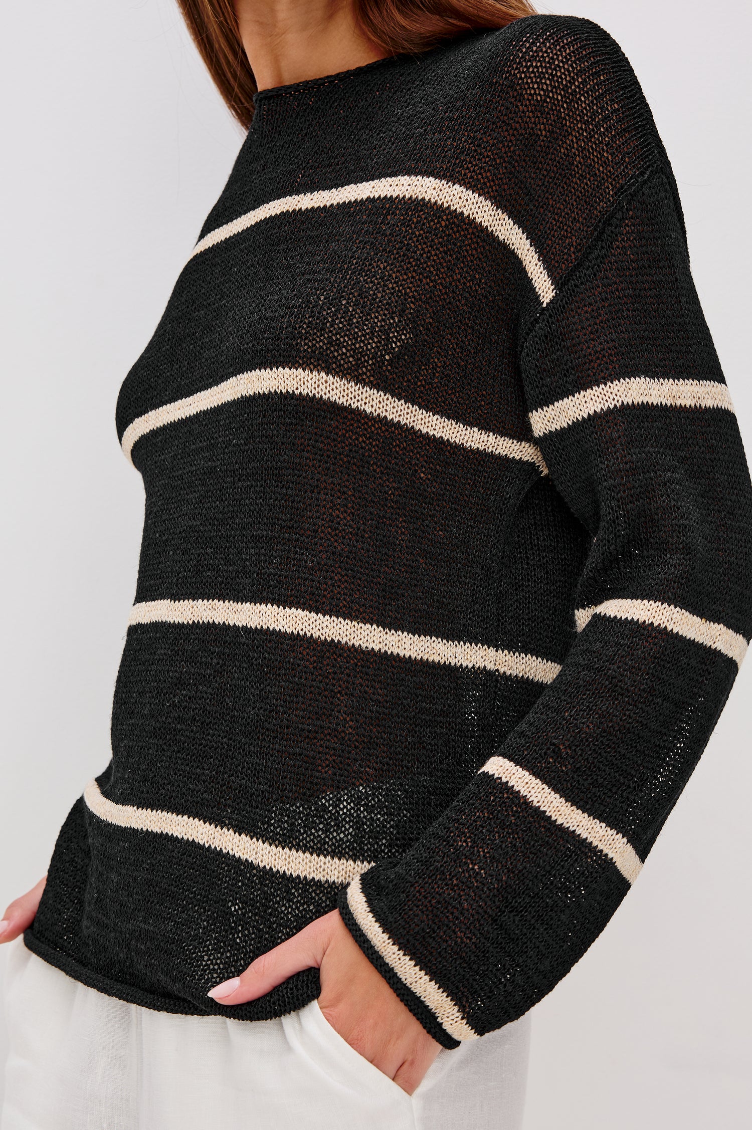 Evangeline Crew Neck Sweater with Long Sleeves in Black Linen Stripe Colorway. Close Up View Shown on Model.