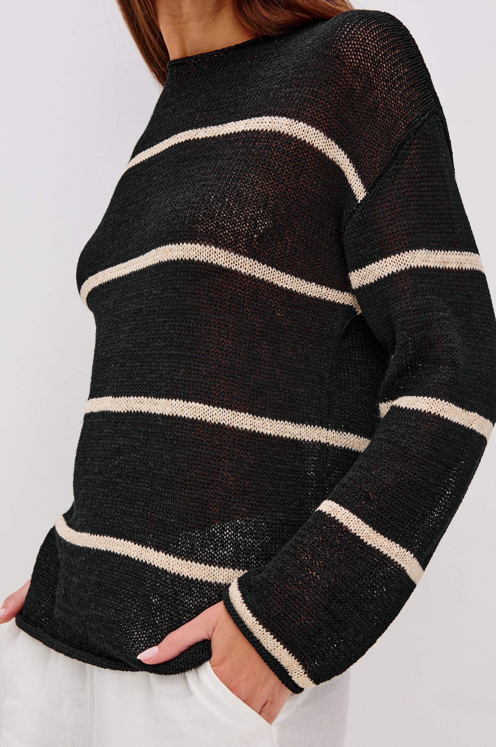 Evangeline Crew Neck Sweater with Long Sleeves in Black Linen Stripe Colorway. Close Up View Shown on Model.