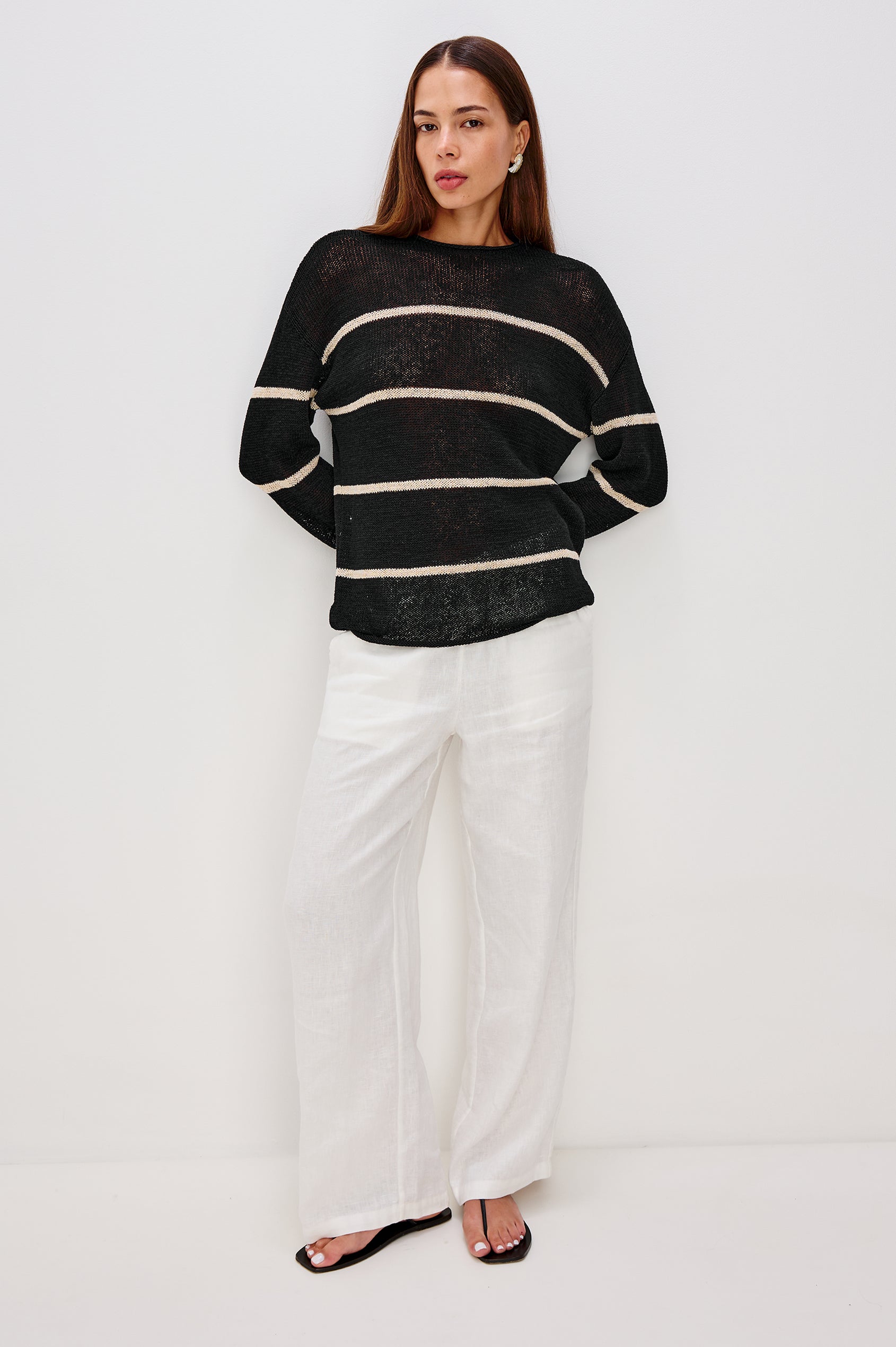 Evangeline Crew Neck Sweater with Long Sleeves in Black Linen Stripe Colorway. Full Body Front View Shown on Model.