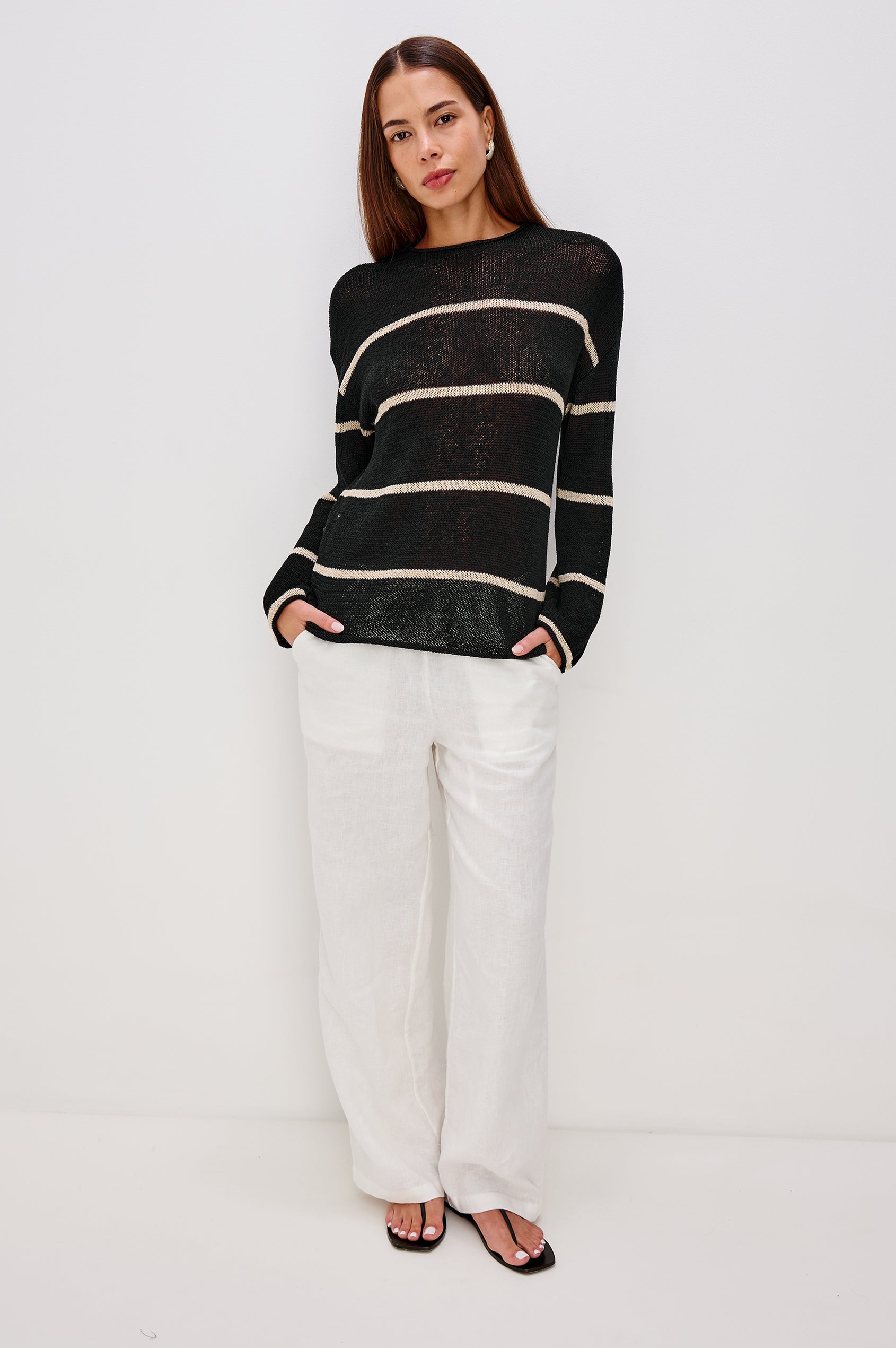 Evangeline Crew Neck Sweater with Long Sleeves in Black Linen Stripe Colorway. Full Body Front View Shown on Model.