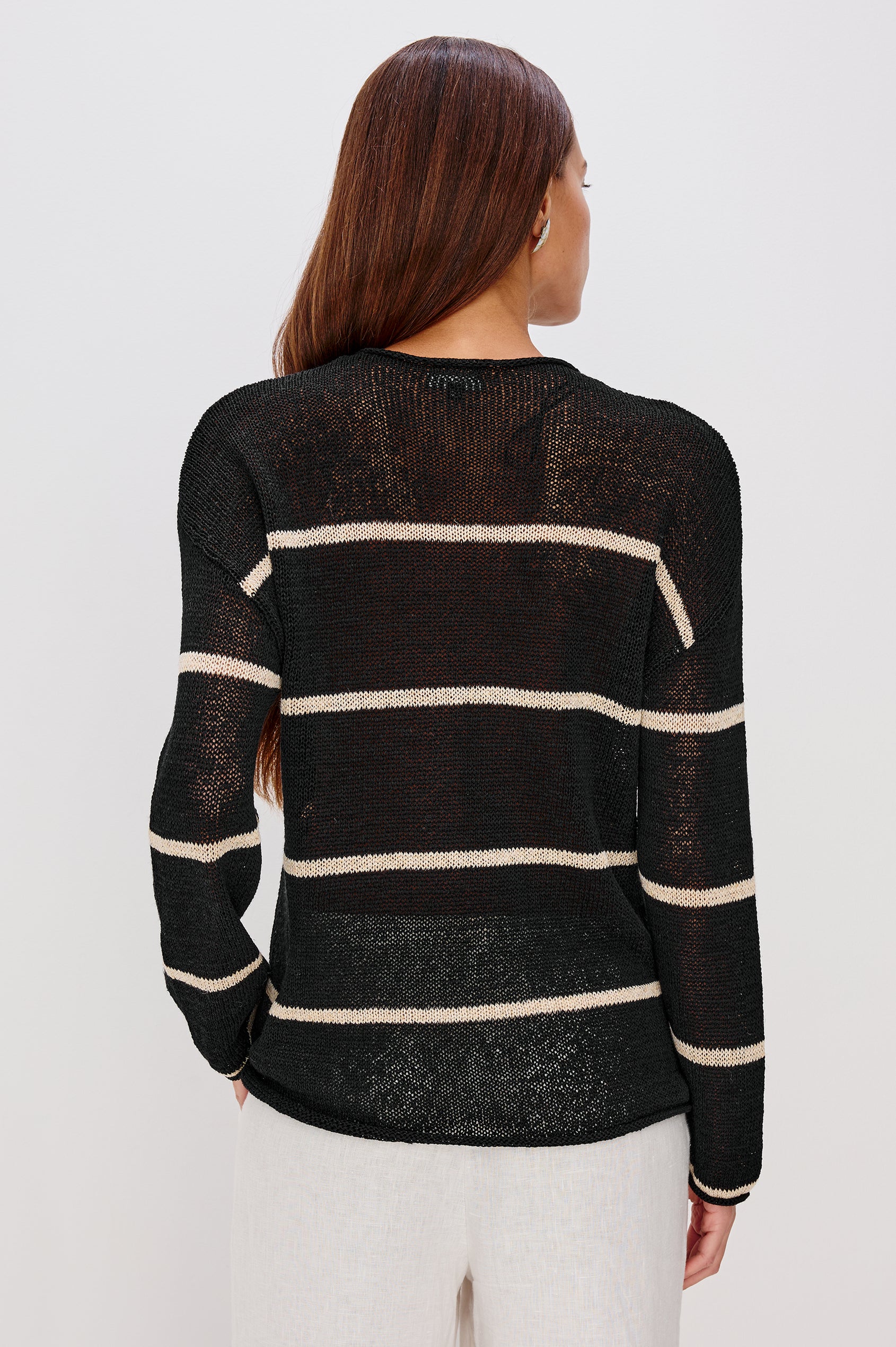 Evangeline Crew Neck Sweater with Long Sleeves in Black Linen Stripe Colorway. Back View Shown on Model.