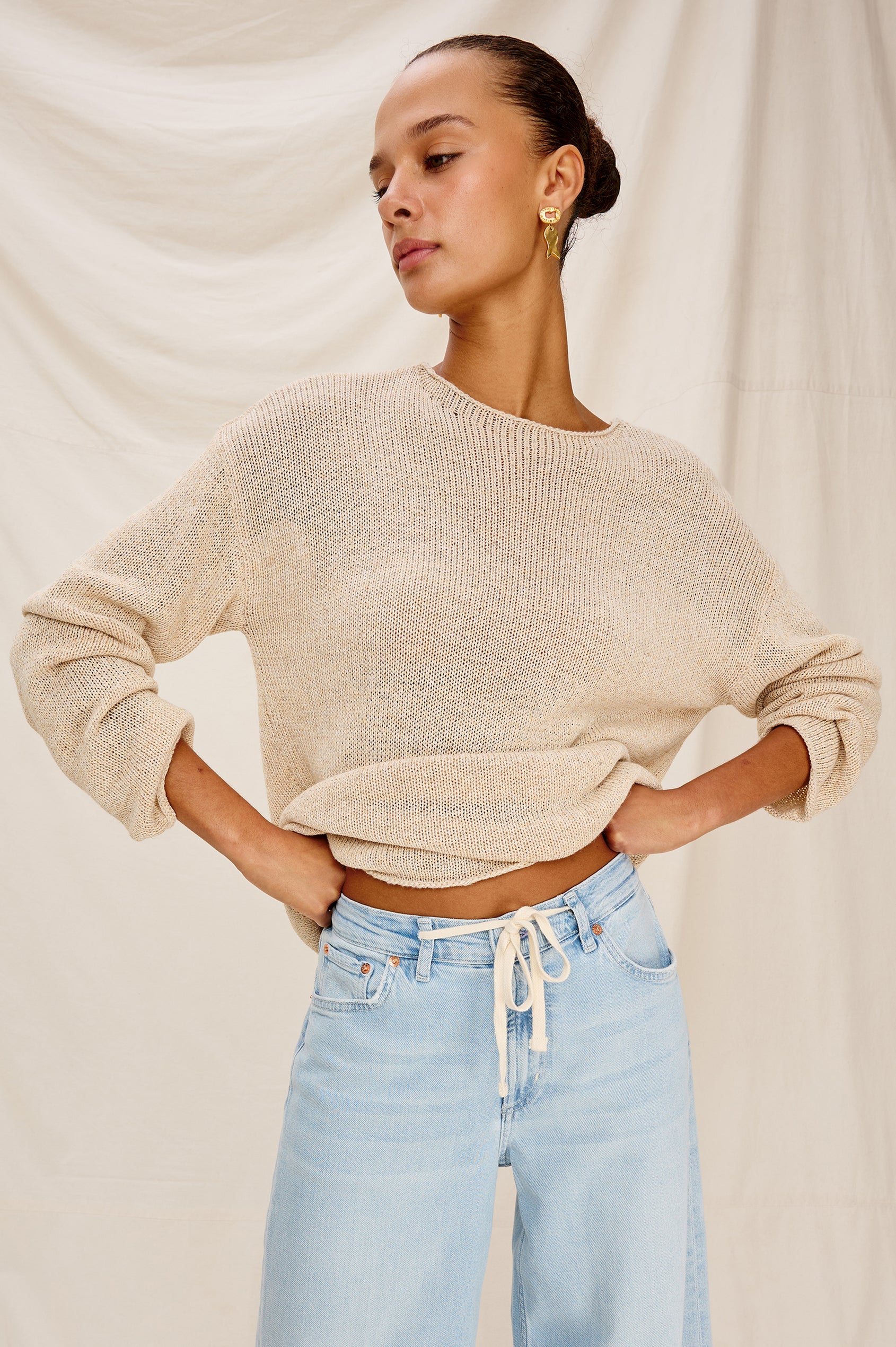 Evangeline Crew Neck Sweater with Long Sleeves in Natural Colorway. Front  Stylized View Shown on Model.