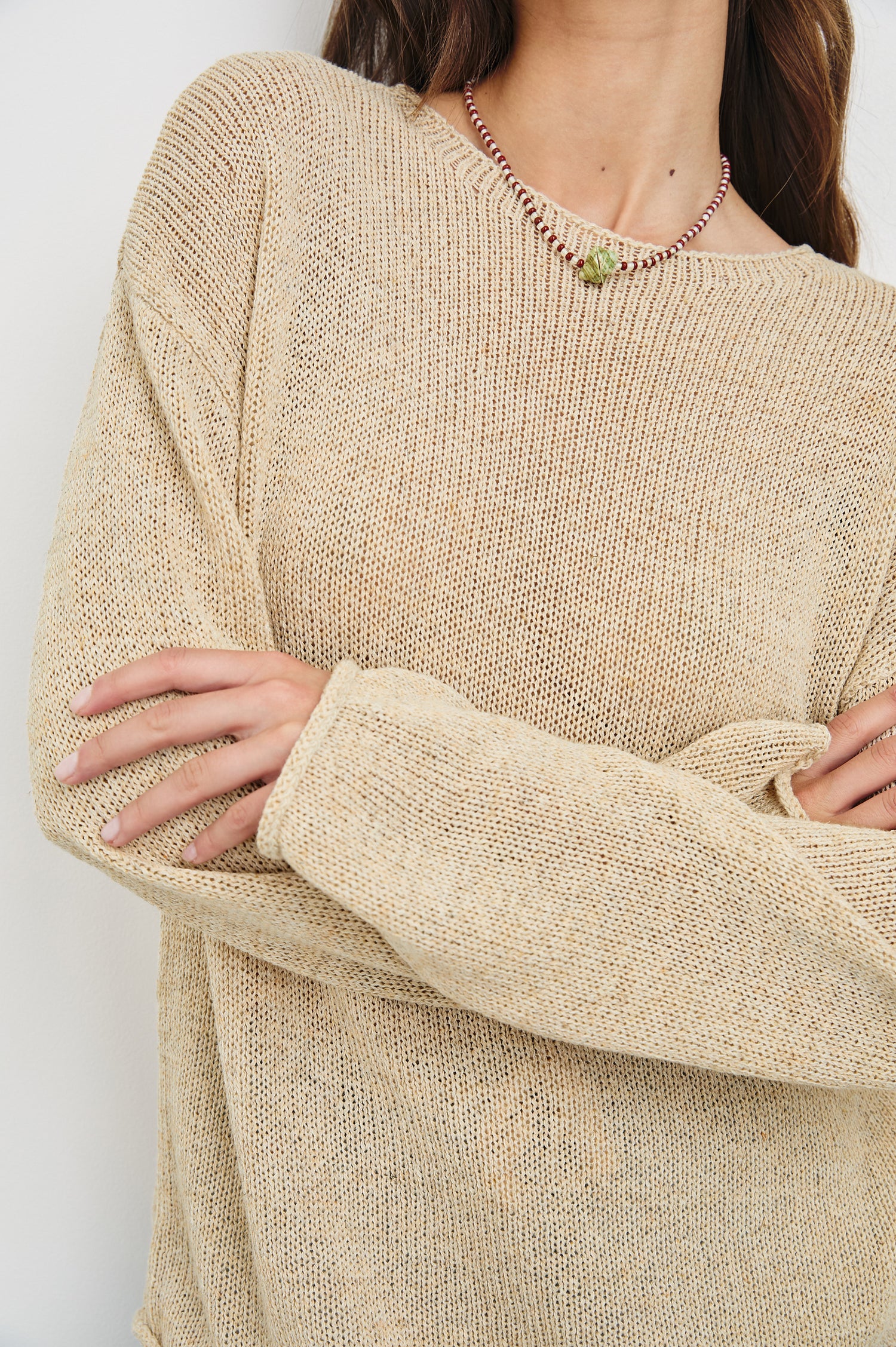 Evangeline Crew Neck Sweater with Long Sleeves in Natural Colorway. Front Detailed View Shown on Model.