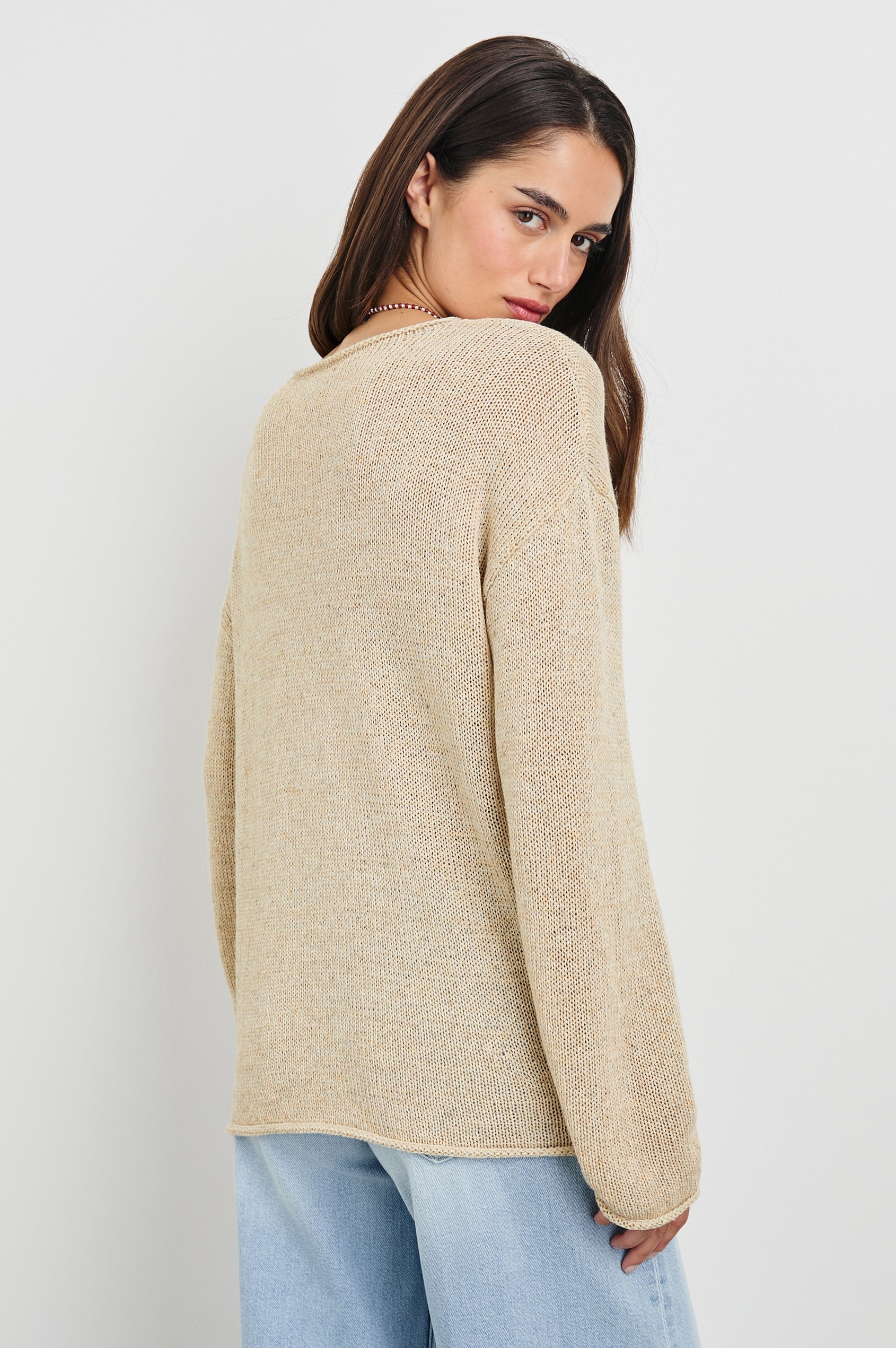 Evangeline Crew Neck Sweater with Long Sleeves in Natural Colorway. Back View Shown on Model.