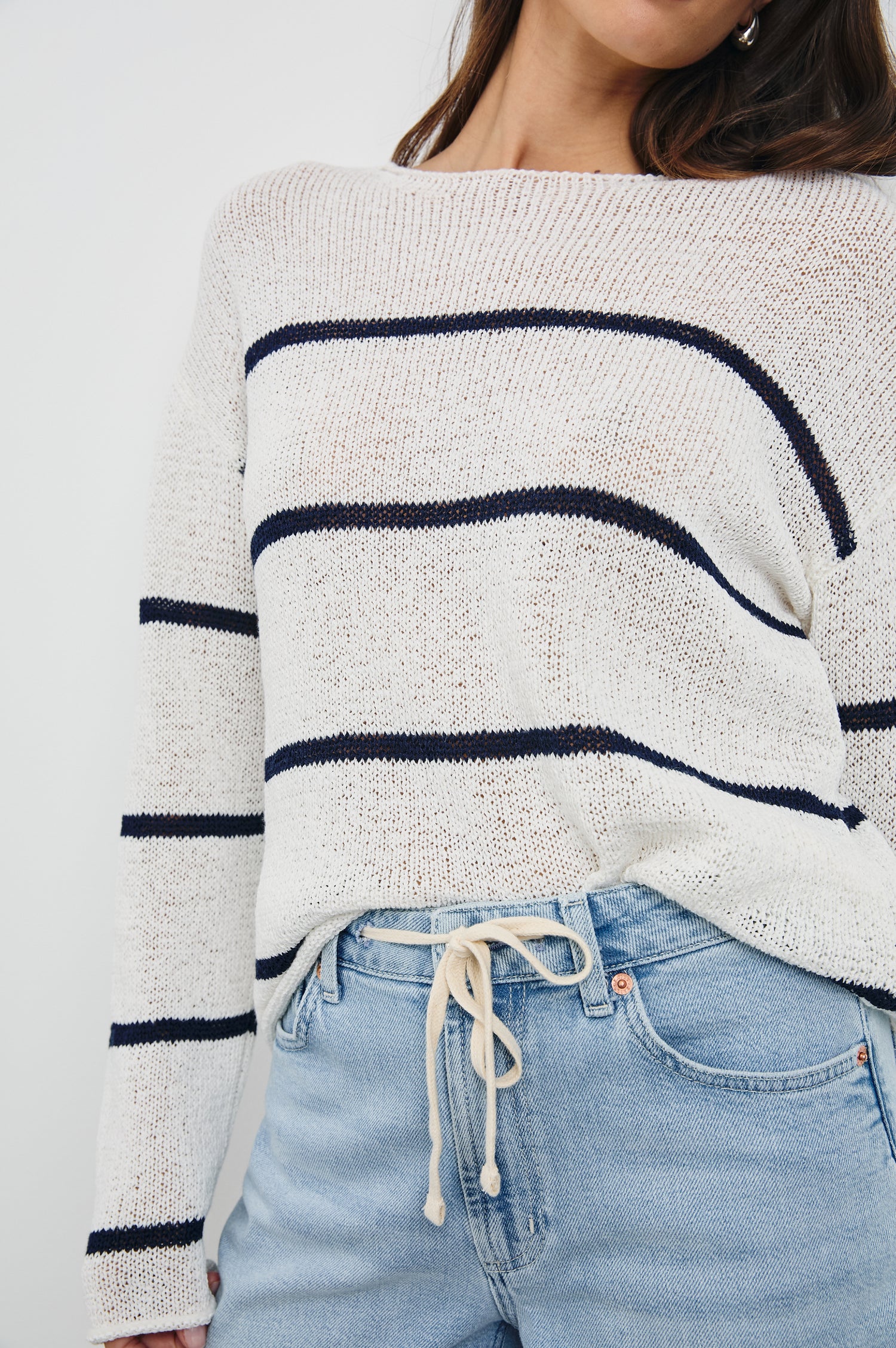 Evangeline Crew Neck Sweater with Long Sleeves in Navy White Stripe Colorway. Front View Shown on Model.