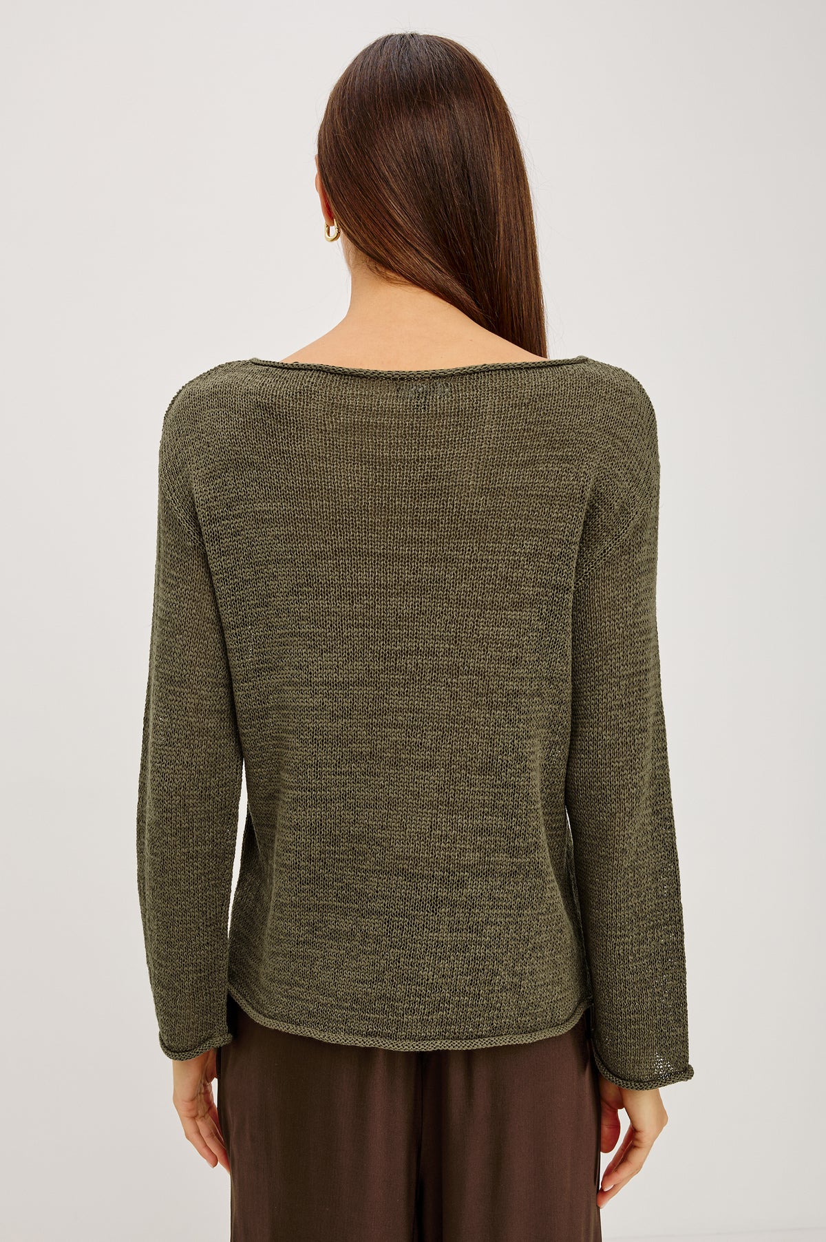 Evangeline Sweater in Luxe Linen Blend With Open Weave, Boat Neck, Relaxed Dropped Shoulders, and Long Sleeves in Olive Colorway - Upper Body Back View Featured on Model