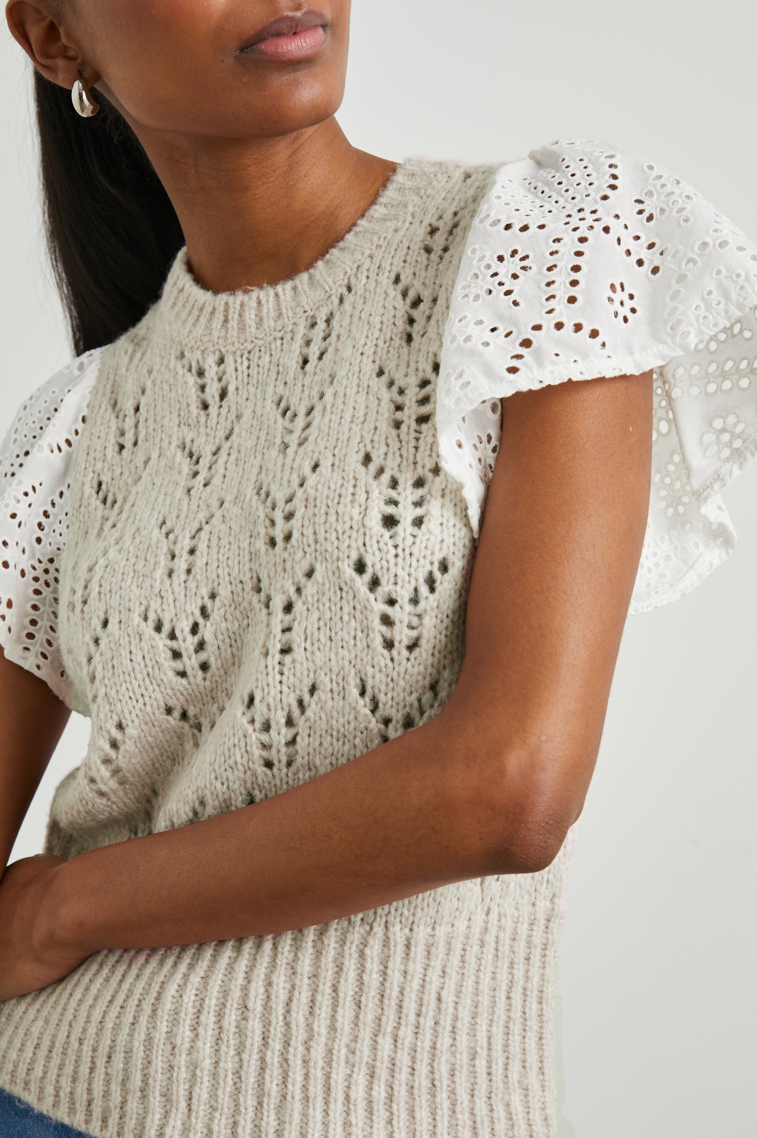 Everly Top with a Knit Bodice with Ribbed Trim and a Crew Neck and White Cotton Short Sleeves with Eyelets In Oat Colorway - Front View Featured on Model