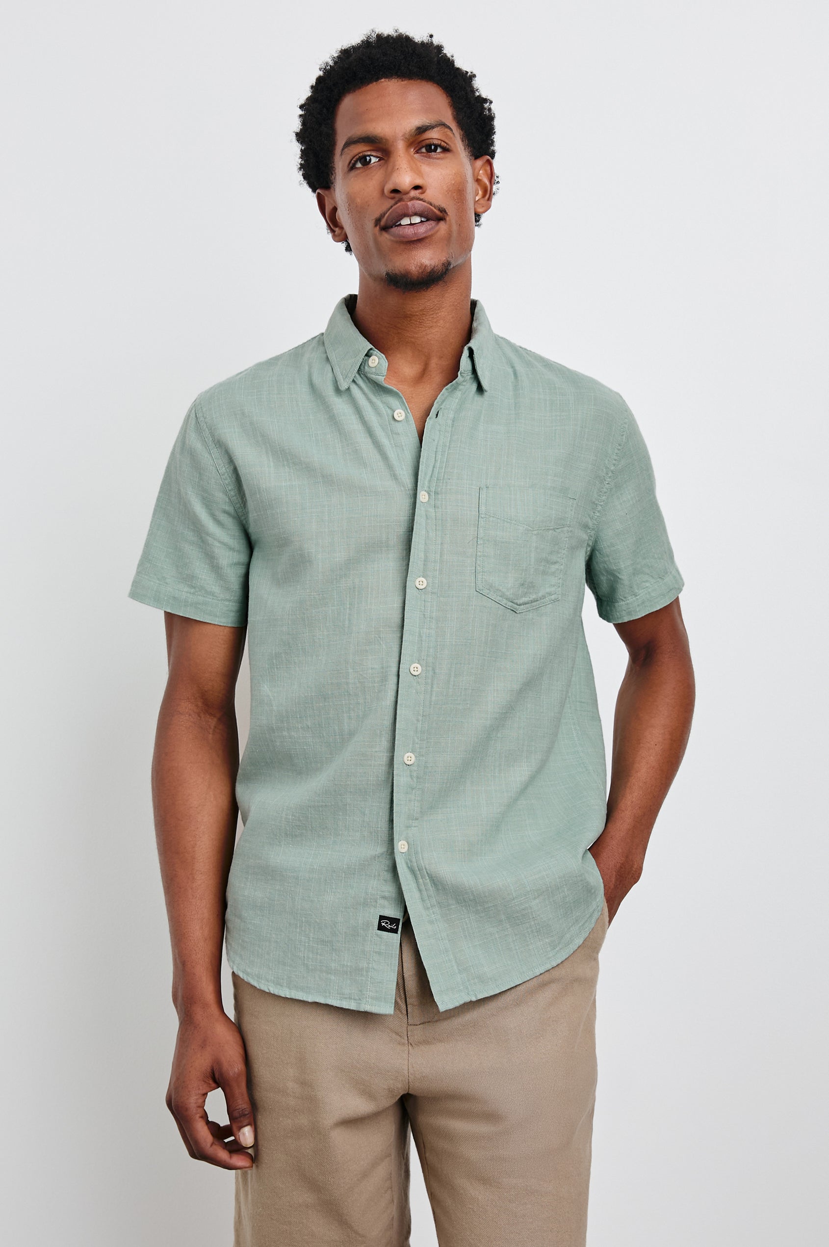 Fairfax Short-Sleeve Button Up with a Chest Patch Pocket in Borealis Etch Colorway - Front View Featured on Model